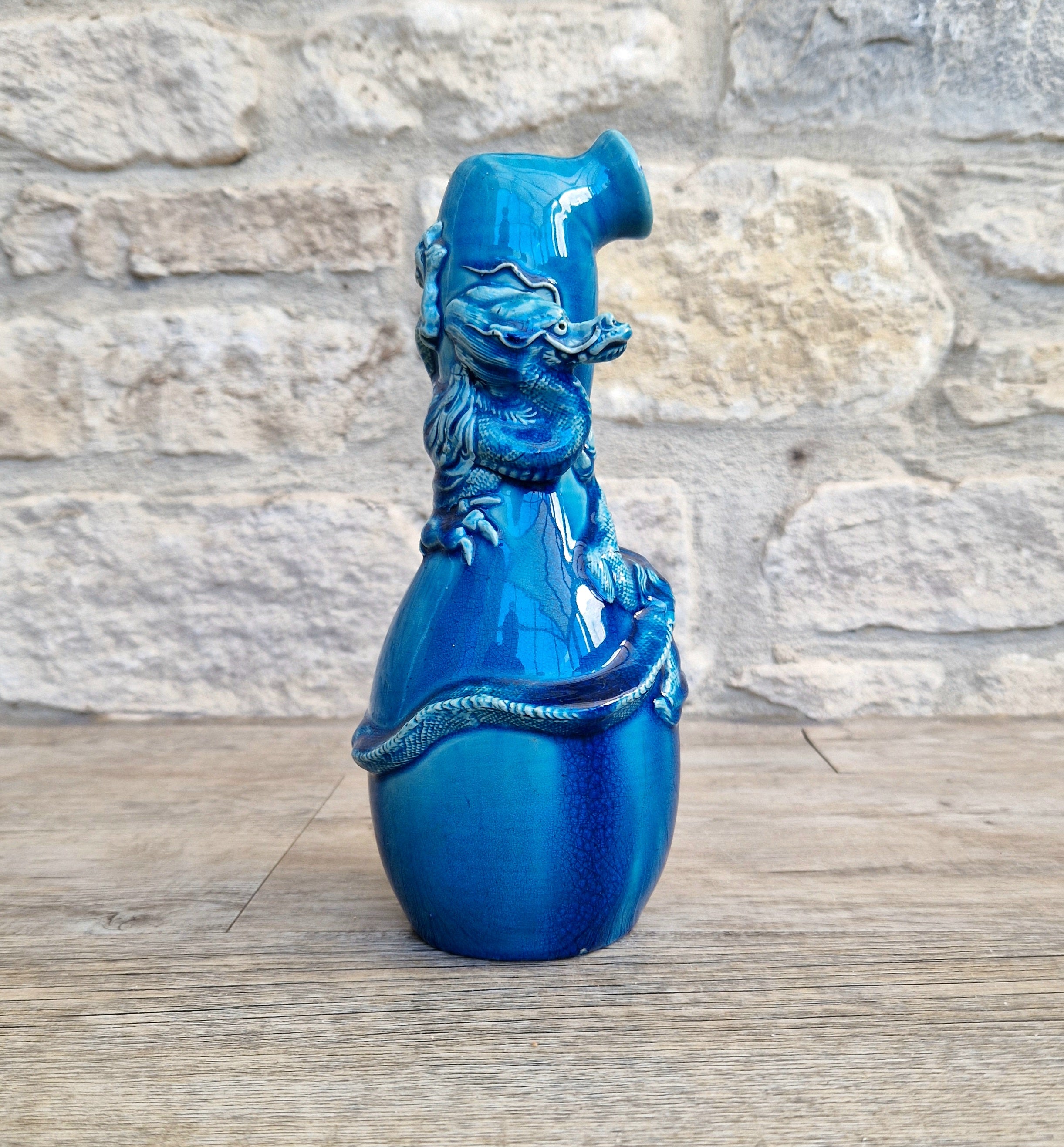 Antique Japanese Awaji Meiji Period Turquoise Pottery Dragon Bottle Vase
