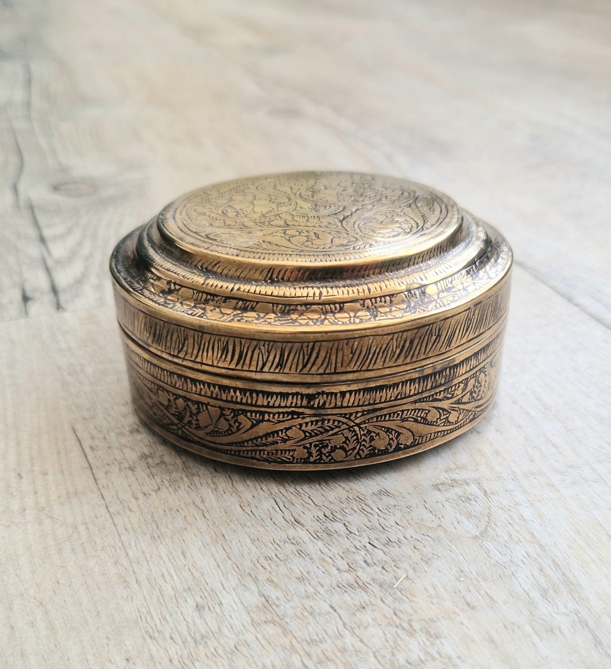 Antique 19th Century Deccan Indian Floral Engraved Pandan Brass Betel Nut Box