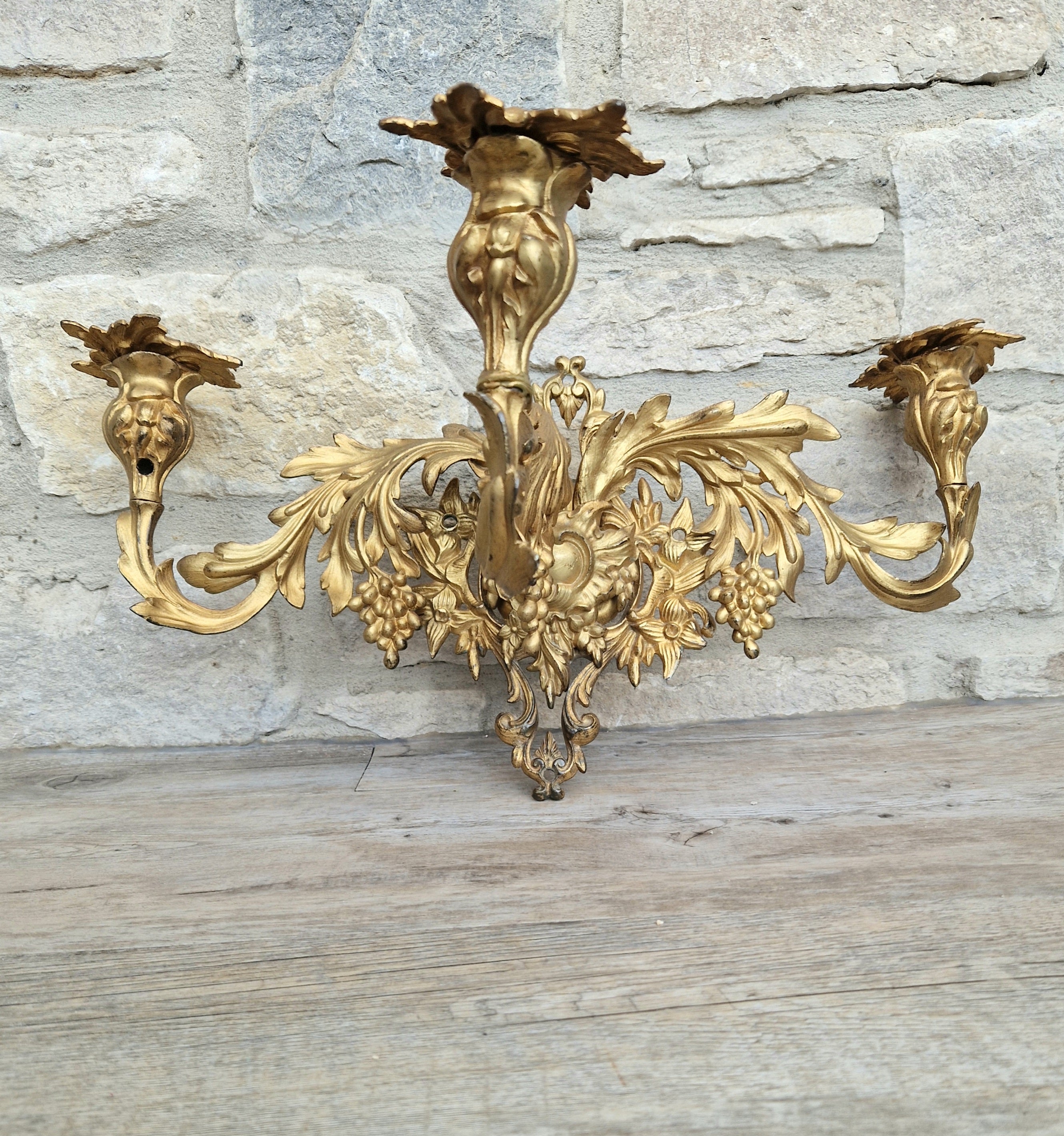 A Single French Louis XV Style Gilt Bronze 3 Branch Applique Sconce c.1900