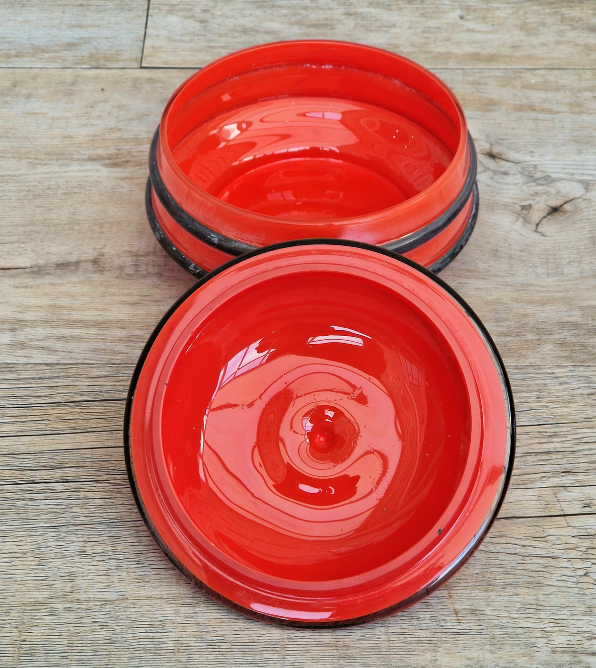 Art Deco Bohemian Red Black Hooped Glass Powder Box Covered Vanity Jar Jar Lid 12cm