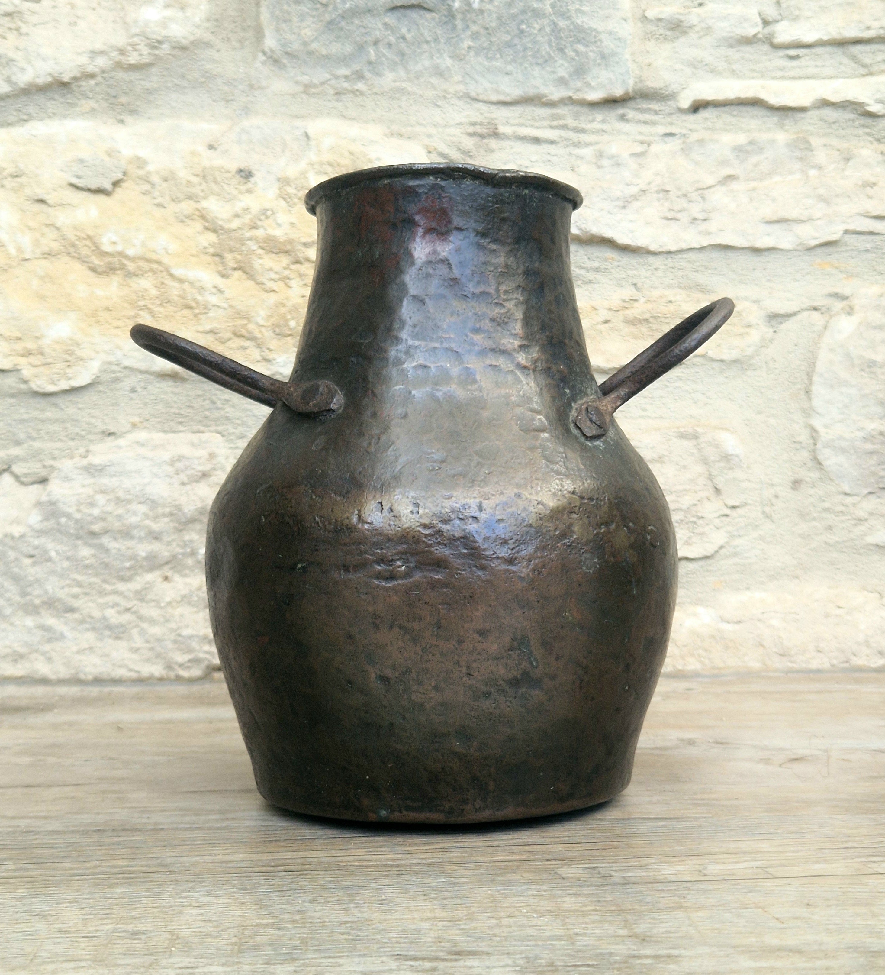 18th Century Hammered Bronze Cauldron Pot Wrought Iron Handles Historic Repair Antique Kitchenalia Vessel