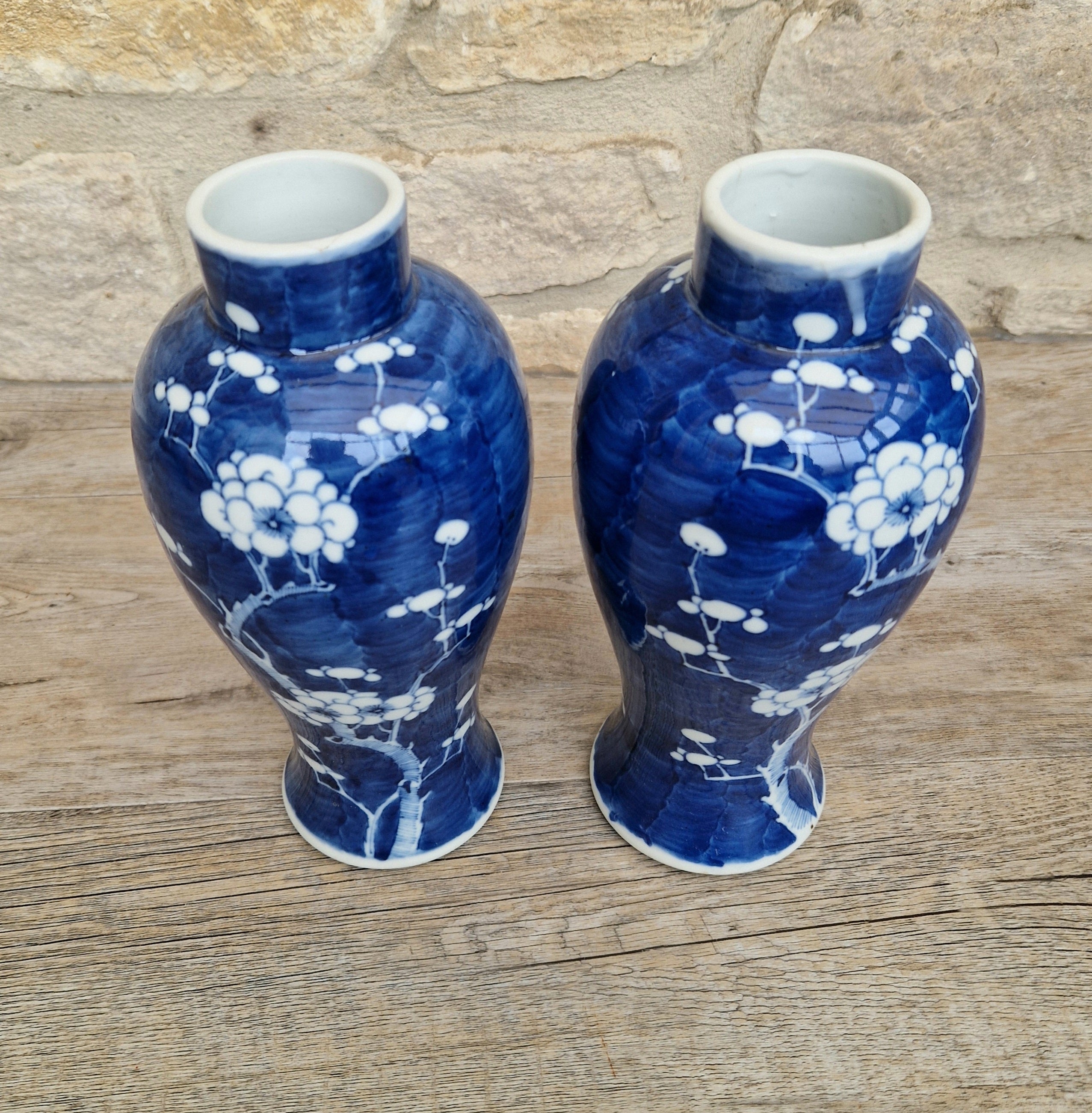 Pair Kangxi Style Blue & White Prunus Baluster Garniture Vases