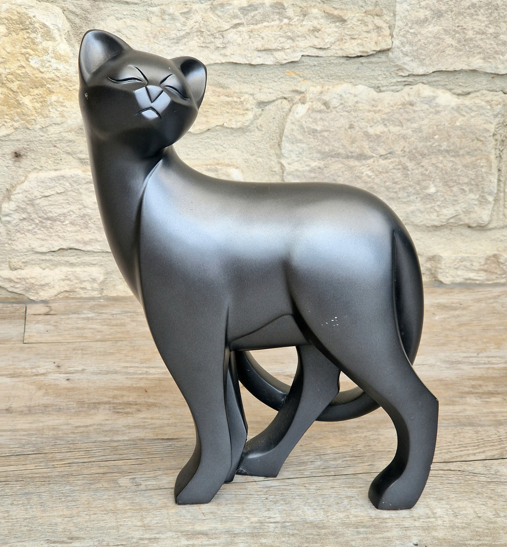 4D Art Cat Sculpture Figurine 2010 Black Animal Forms Stylized Matte Ornament 30cm