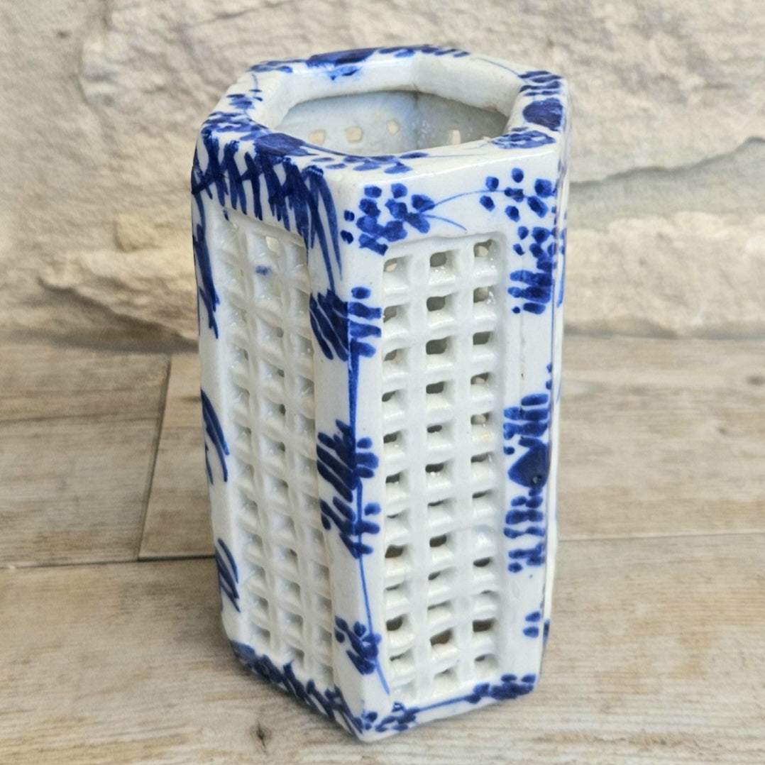 Vintage Japanese Porcelain Pen Pot Calligraphy Brush Holder Cricket Cage Vase Blue White Chinoiserie Decor