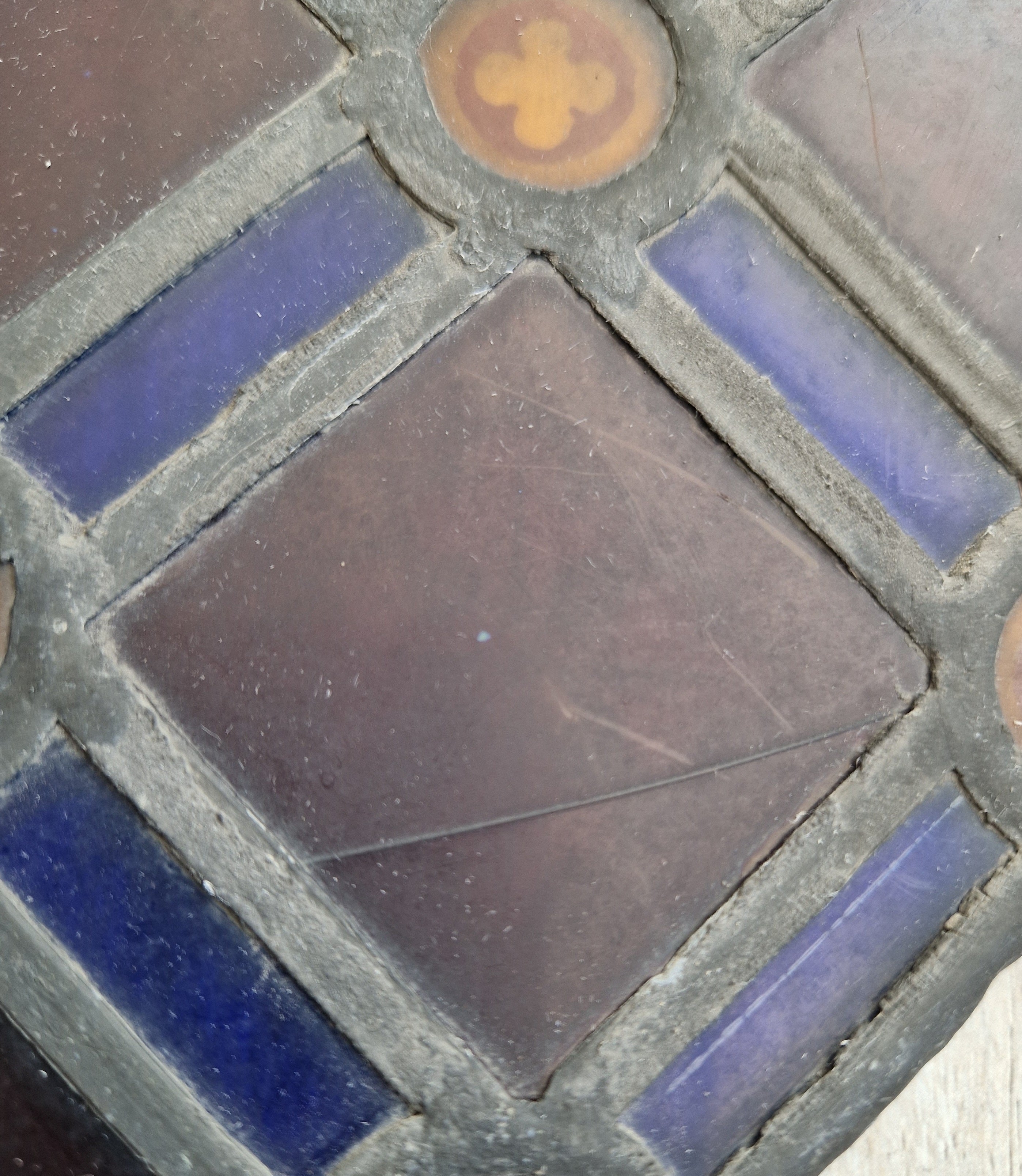 Rare Antique Early 19th Century French Gothic Revival Stained Glass Roundel Panel - Medieval Style Diaper Pattern