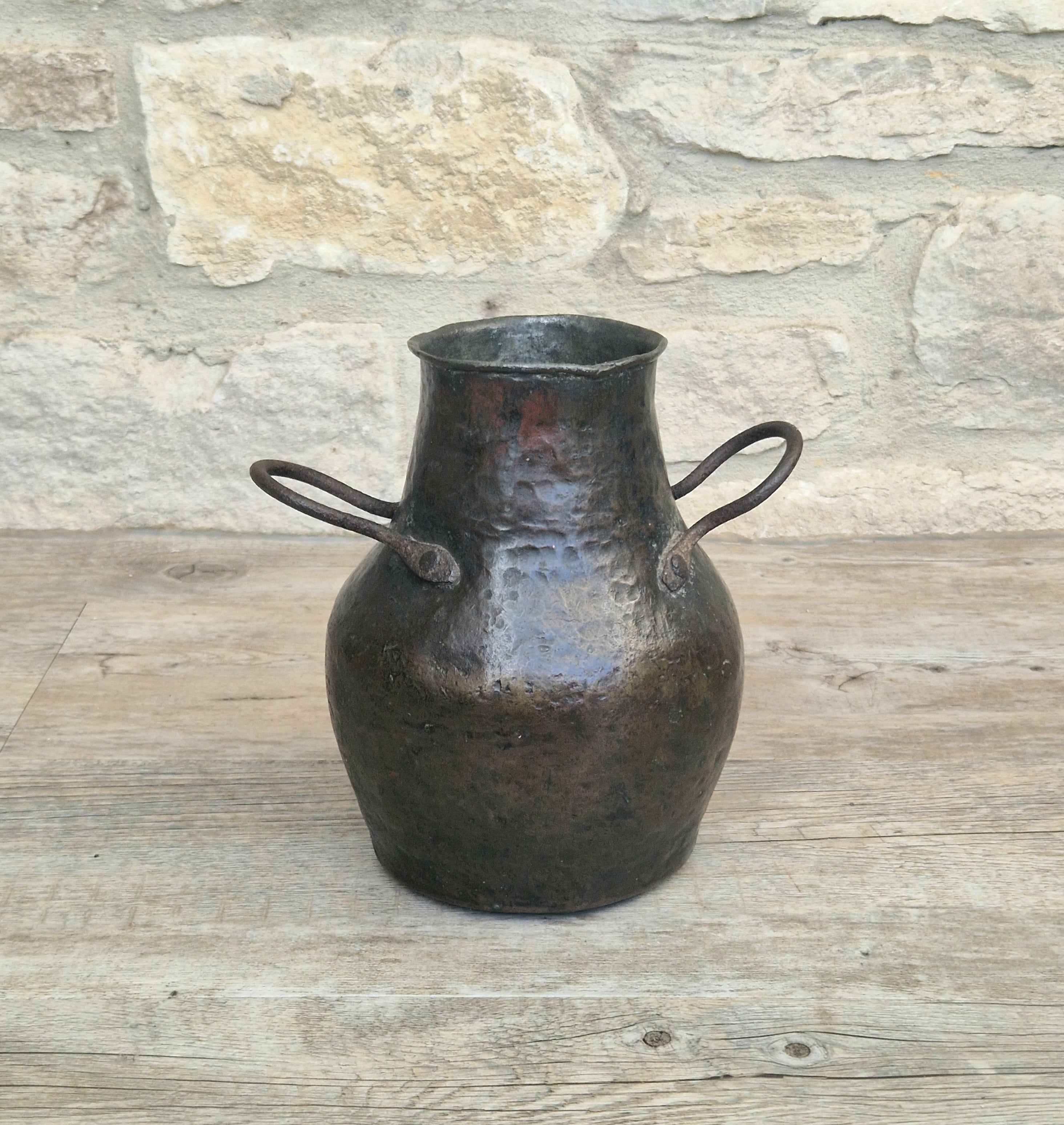 18th Century Hammered Bronze Cauldron Pot Wrought Iron Handles Historic Repair Antique Kitchenalia Vessel