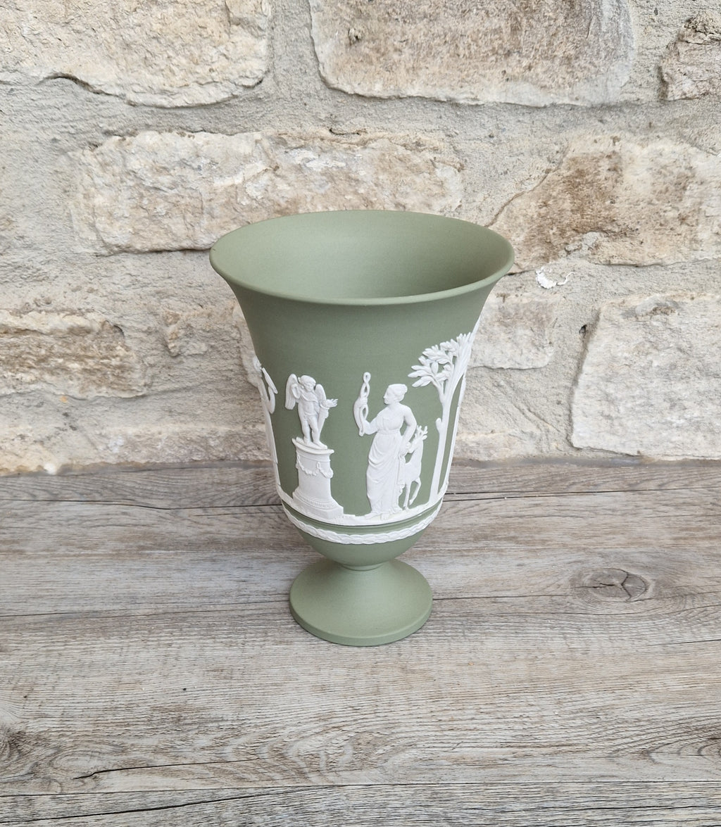 Wedgwood Sage Green Jasperware Arcadian Pedestal Trumpet Mantle Vase - Vintage.Made in England 17cm Tall