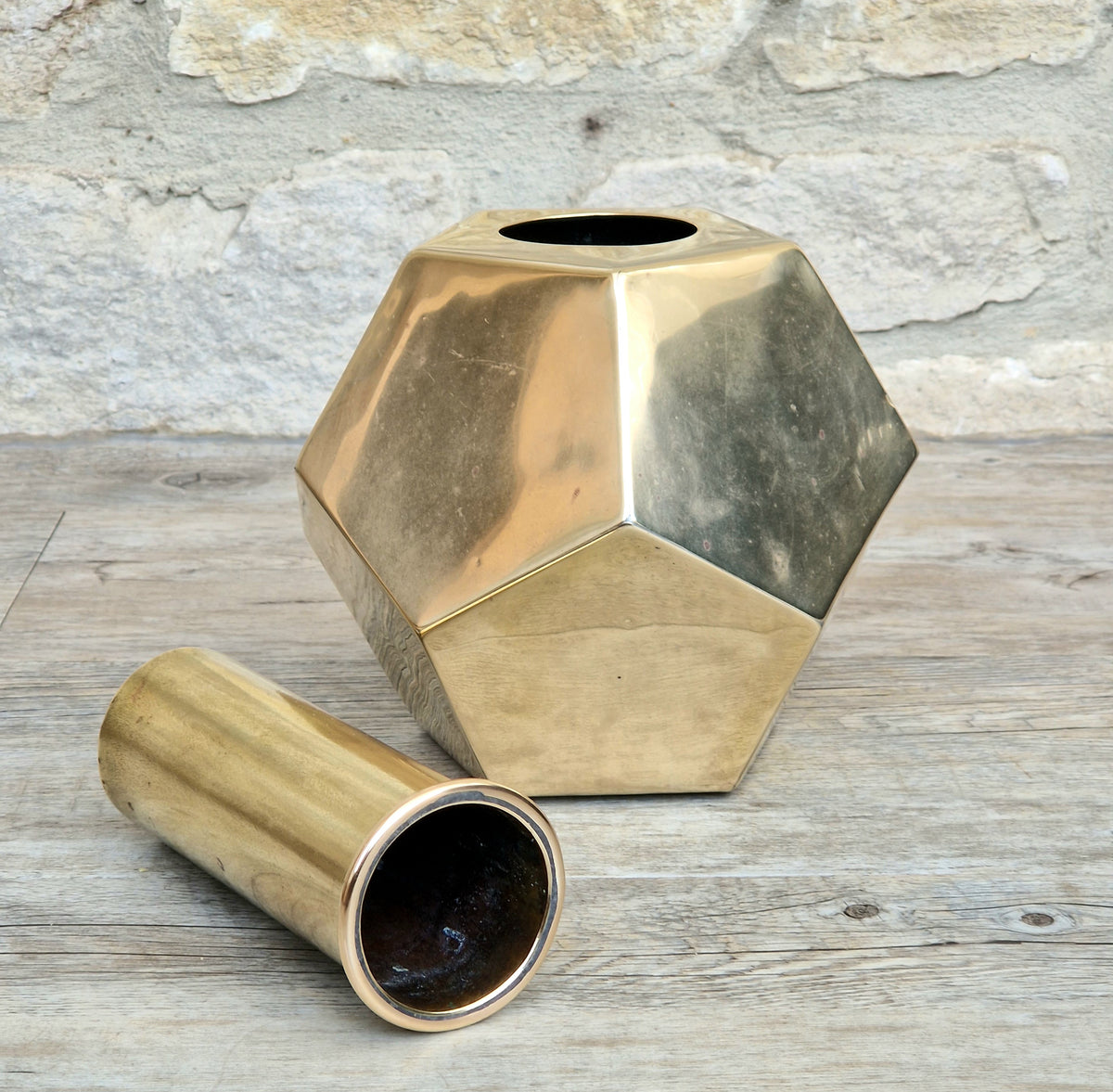 Antique Geometric Brass Dodecahedron Vase Secessionist Jugendstil Planter With Copper Removable Insert Liner