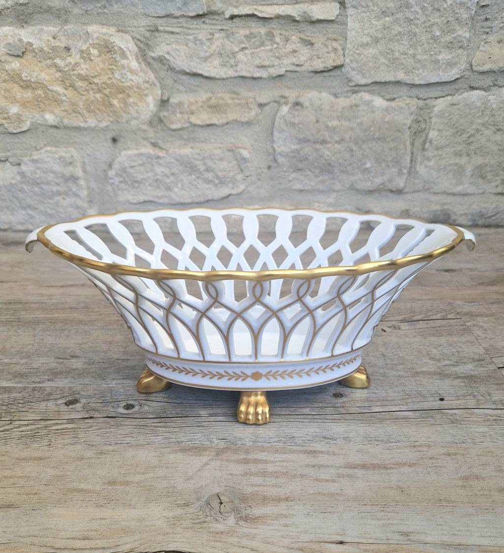 Large Vista Alegre Reticulated White & Gold Ceramic Basket Fruit Bowl Old Paris Style