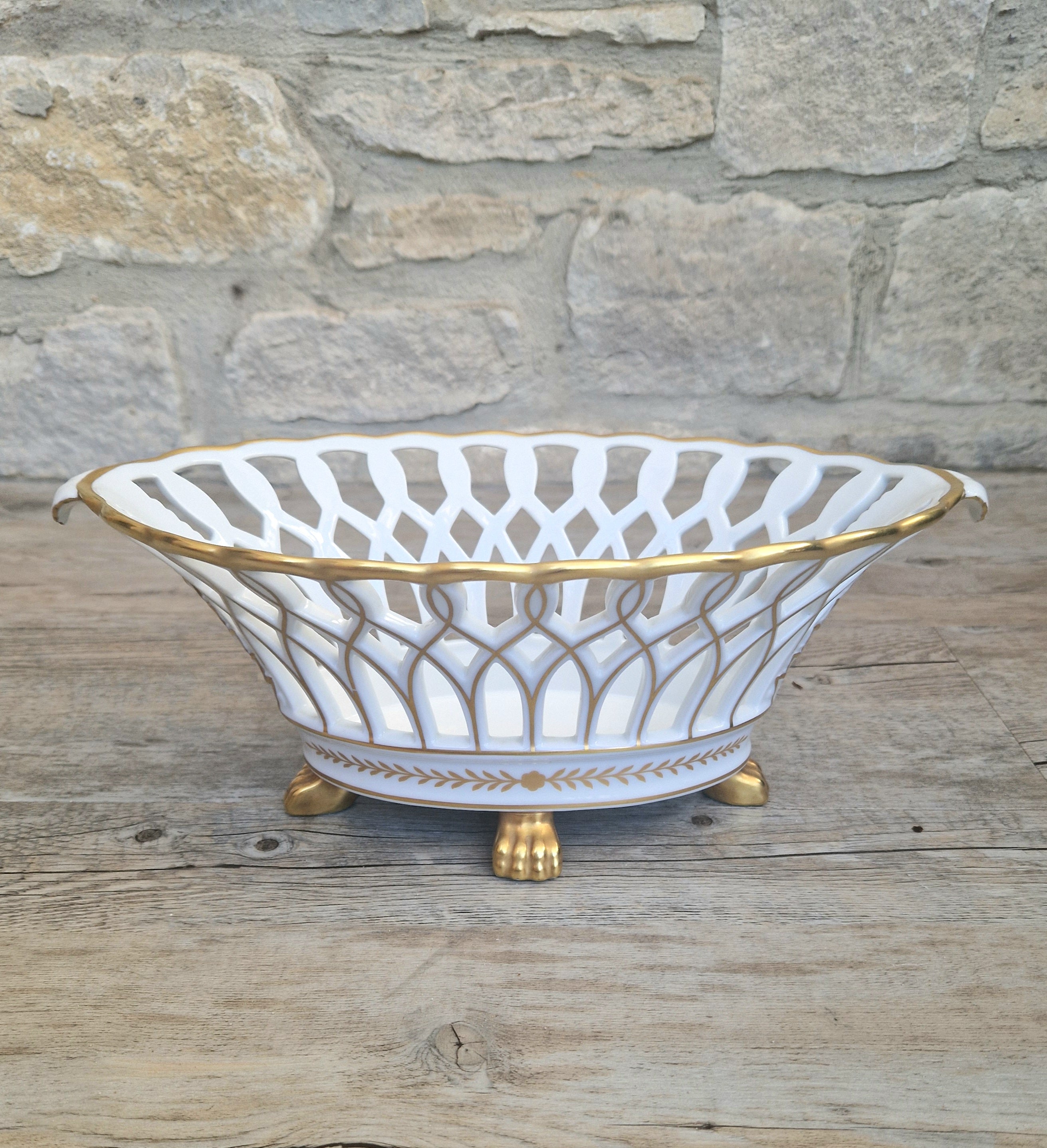 Large Vista Alegre Reticulated White & Gold Ceramic Basket Fruit Bowl Old Paris Style