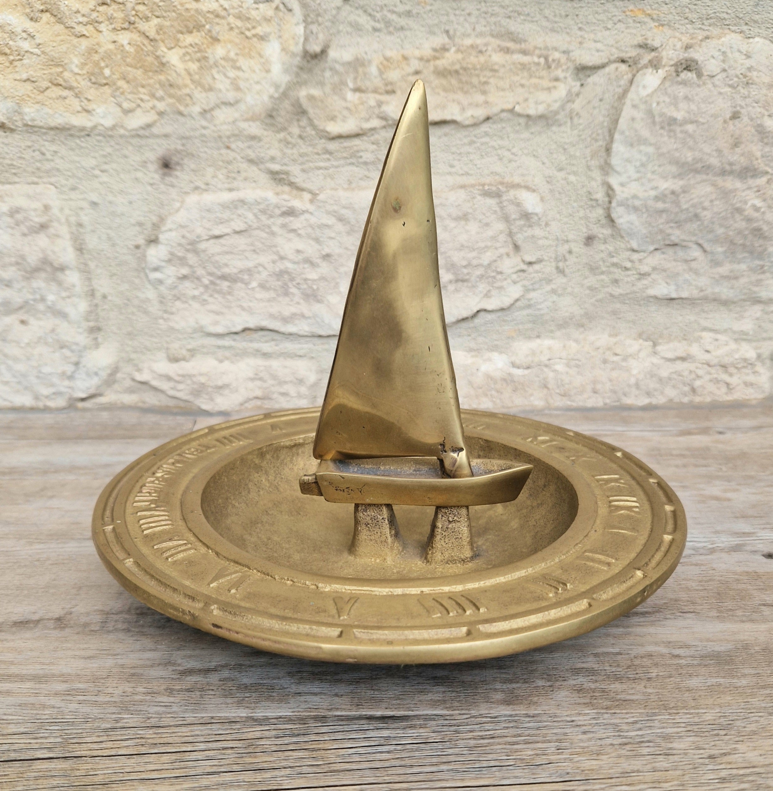Bronze & Brass Sailing Boat Birdbath Sundial Vintage Garden Ornament