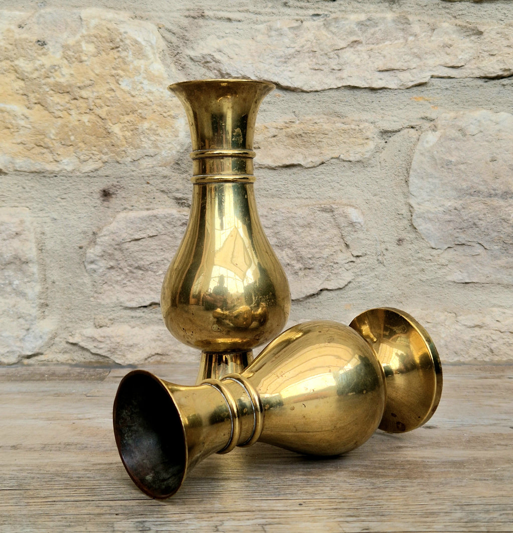 Antique Brass Altar Vases Flared Rim Heavy Pedestal Ecclesiastical Decor Early 20th C.