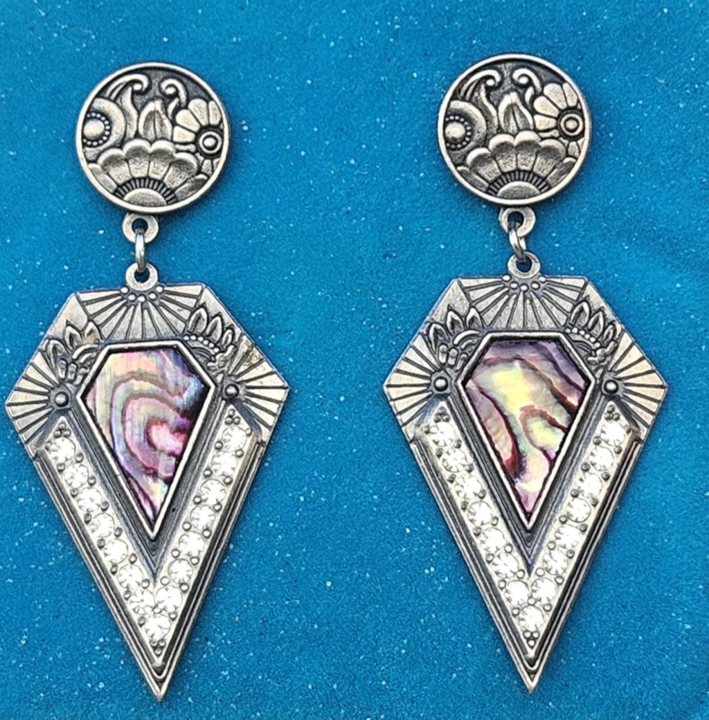 Vintage Art Deco Style Earrings Duri Drop Dangle Stamped 1980s Pewter.