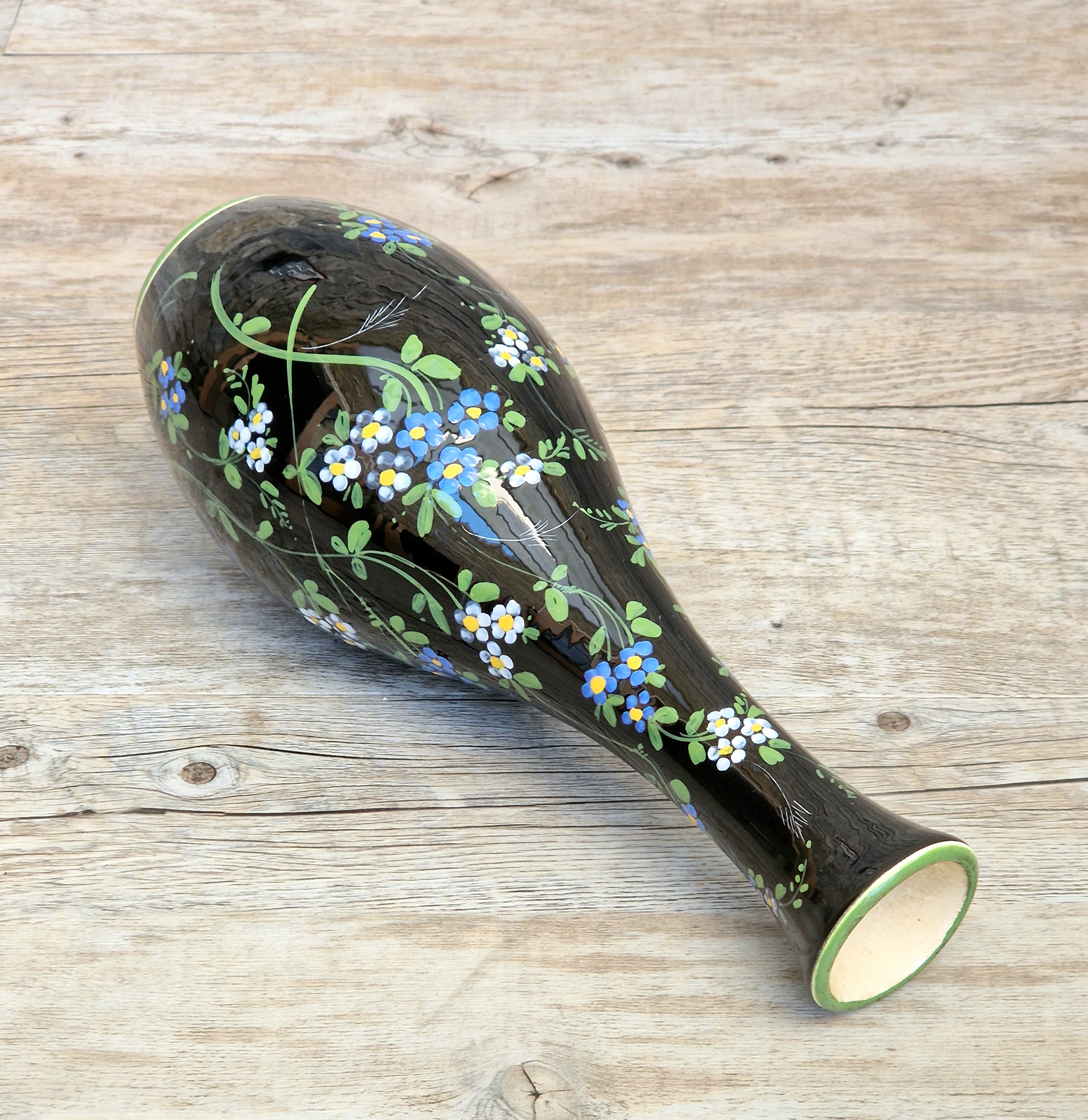 Marmaca San Marino Vase Art Ceramic Black Floral Amphora Tall Bottle Vase 1950's