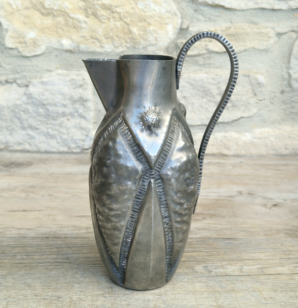 Antique French Art Deco Pewter Pitcher by Alice and Eugene Chanal Hand Hammered Jug Signed