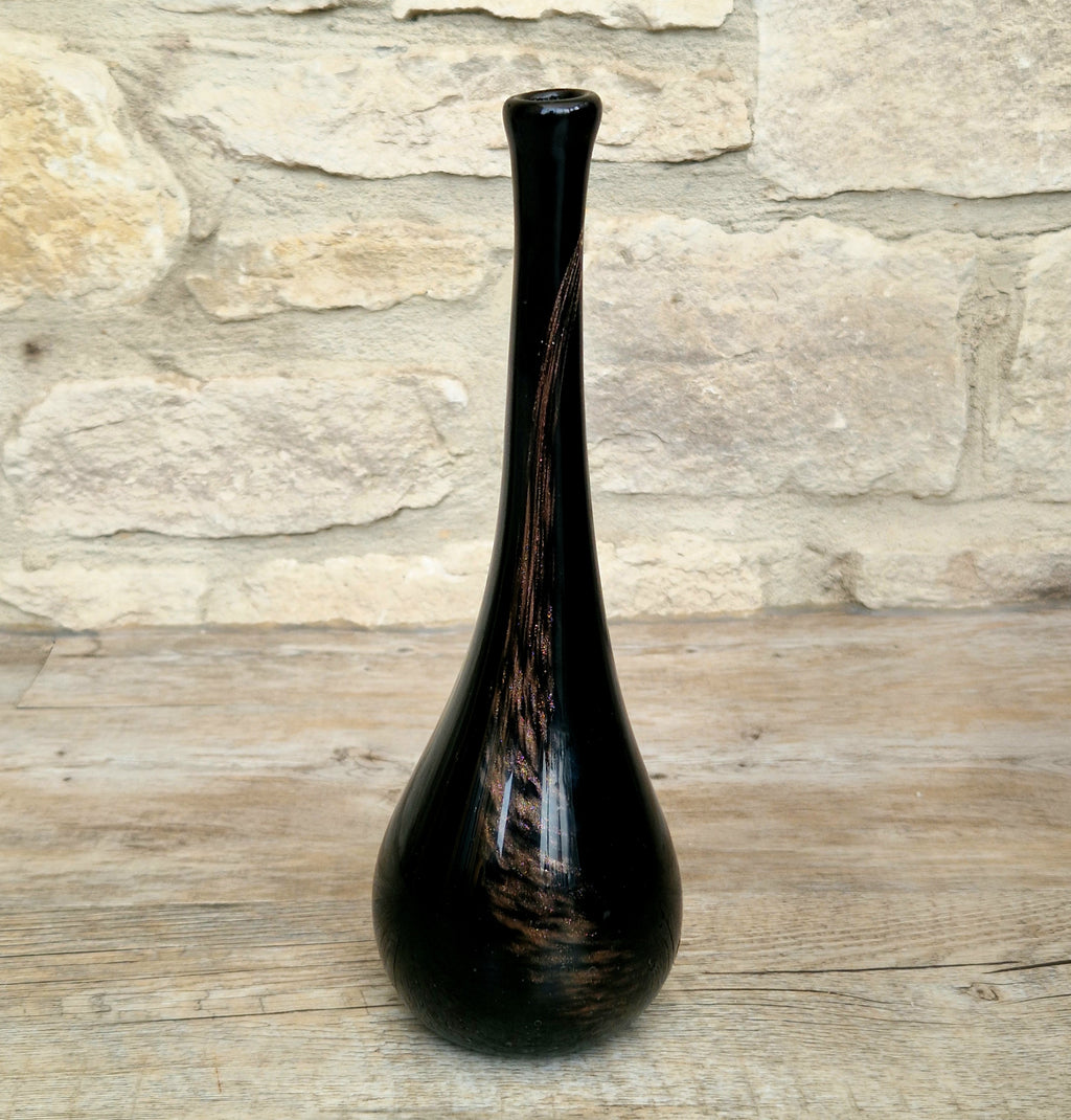 Gérard Torcheux Midcentury Amethyst Black Glass Teardrop Vase French Studio Glass Original Label. 1970s