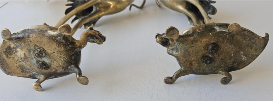 Pair of Antique Candlesticks Japanese Brass Crane Standing On Turtle With Snake Buddhist Early 20th C.