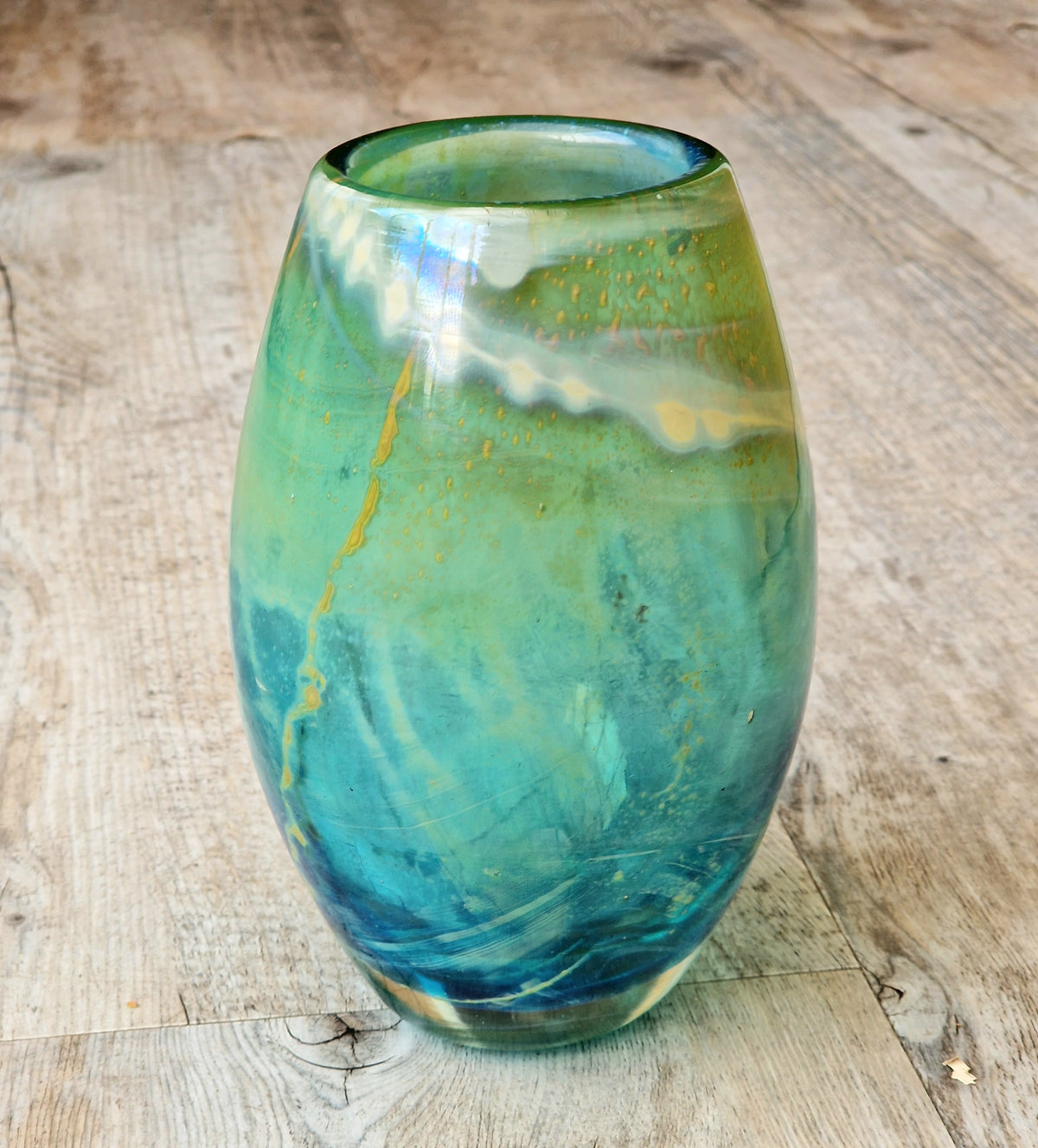 Vintage Mdina Maltese Art Glass Tiger Vase 16cm Signed Mid Century Blue Green 1kg