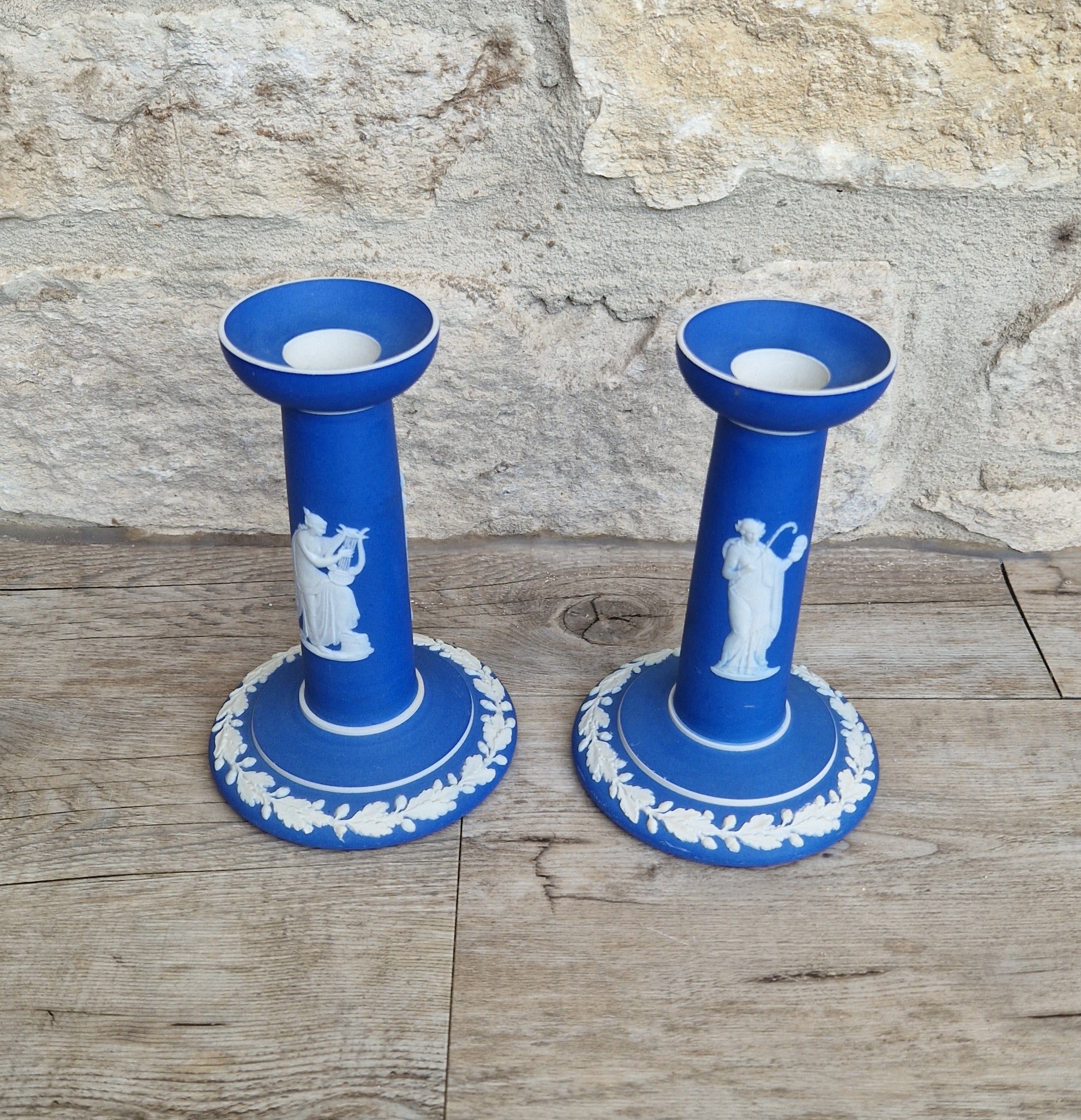 Vintage Wedgwood Jasperware Candlestick Pair: Dark Blue Taper Candle Holders