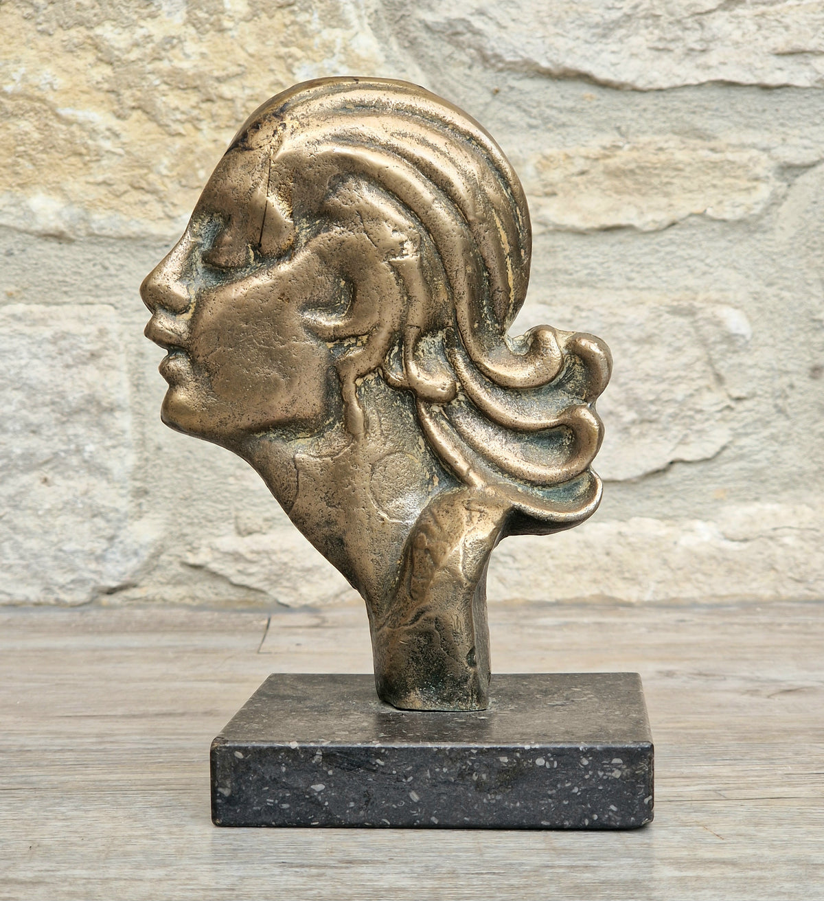 Art Deco Cast Bronze Girl's Head Profile Black Marble Mounted Desk Sculpture