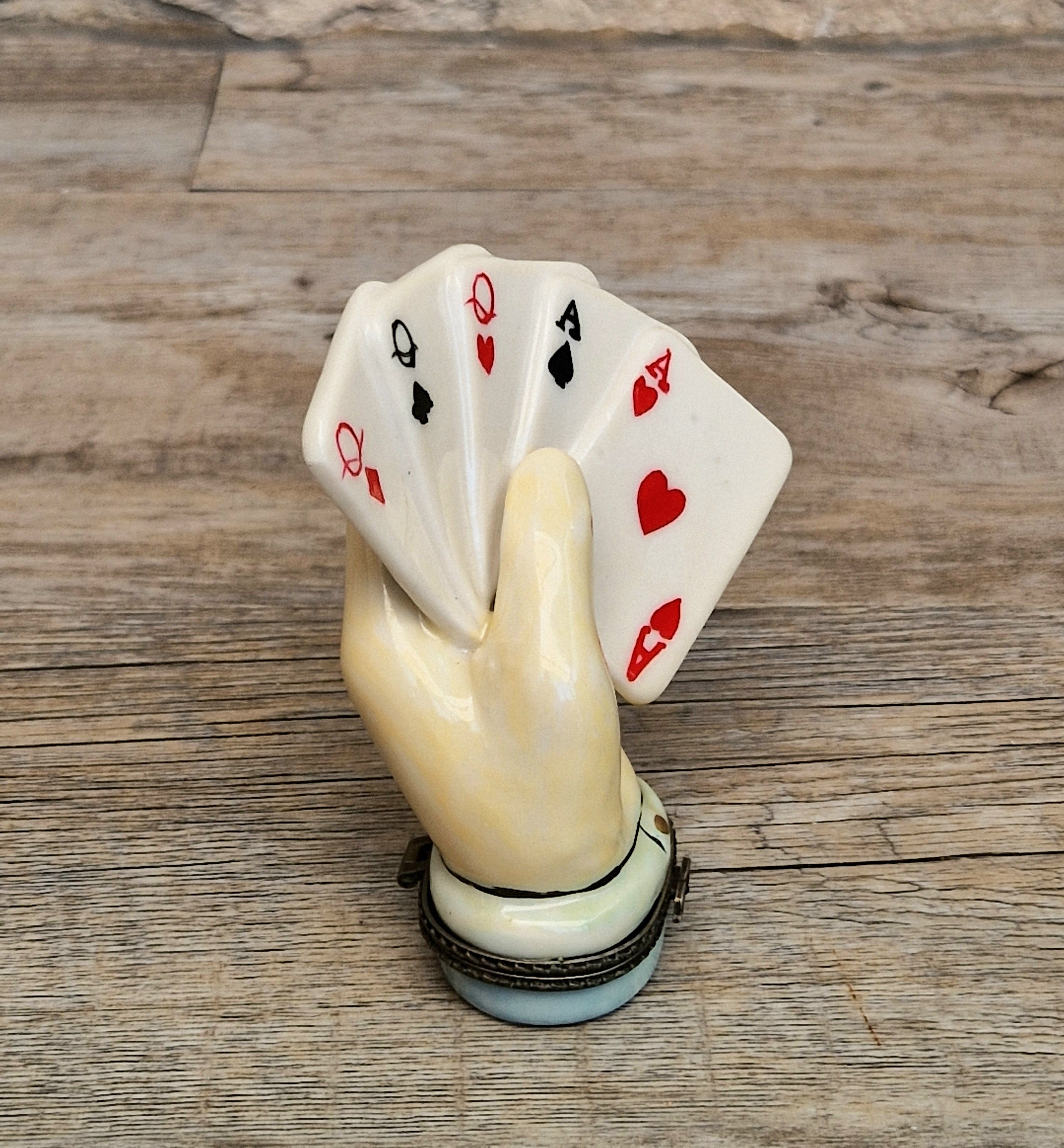 Vintage Rare Limoges Ceramic Poker Hand Full House Card Trinket Pill Box Casino