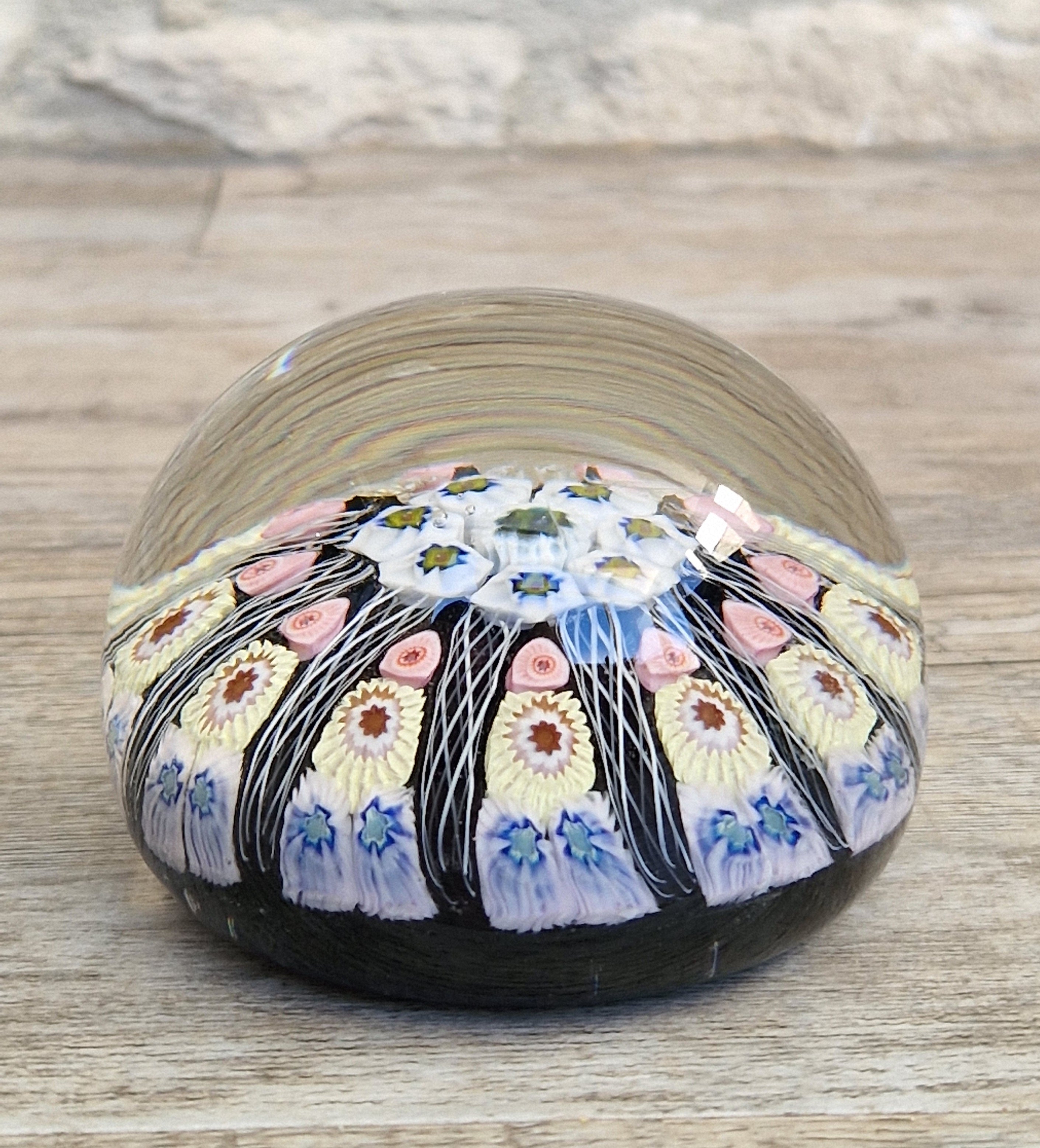Strathearn Art Glass Paperweight 11 Spoke Millefiori with Filligree on Purple Ground Vintage