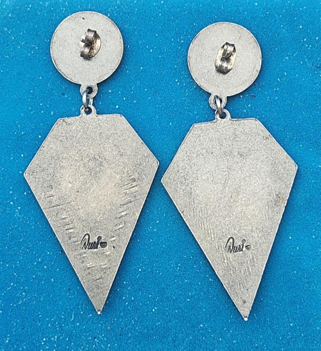 Vintage Art Deco Style Earrings Duri Drop Dangle Stamped 1980s Pewter.