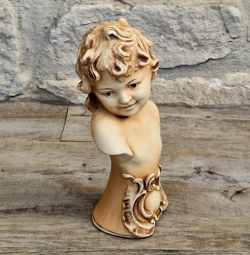 Antique NeoClassical Continental Patinated Bisque Porcelain Putti Child Bust Figure Ornament