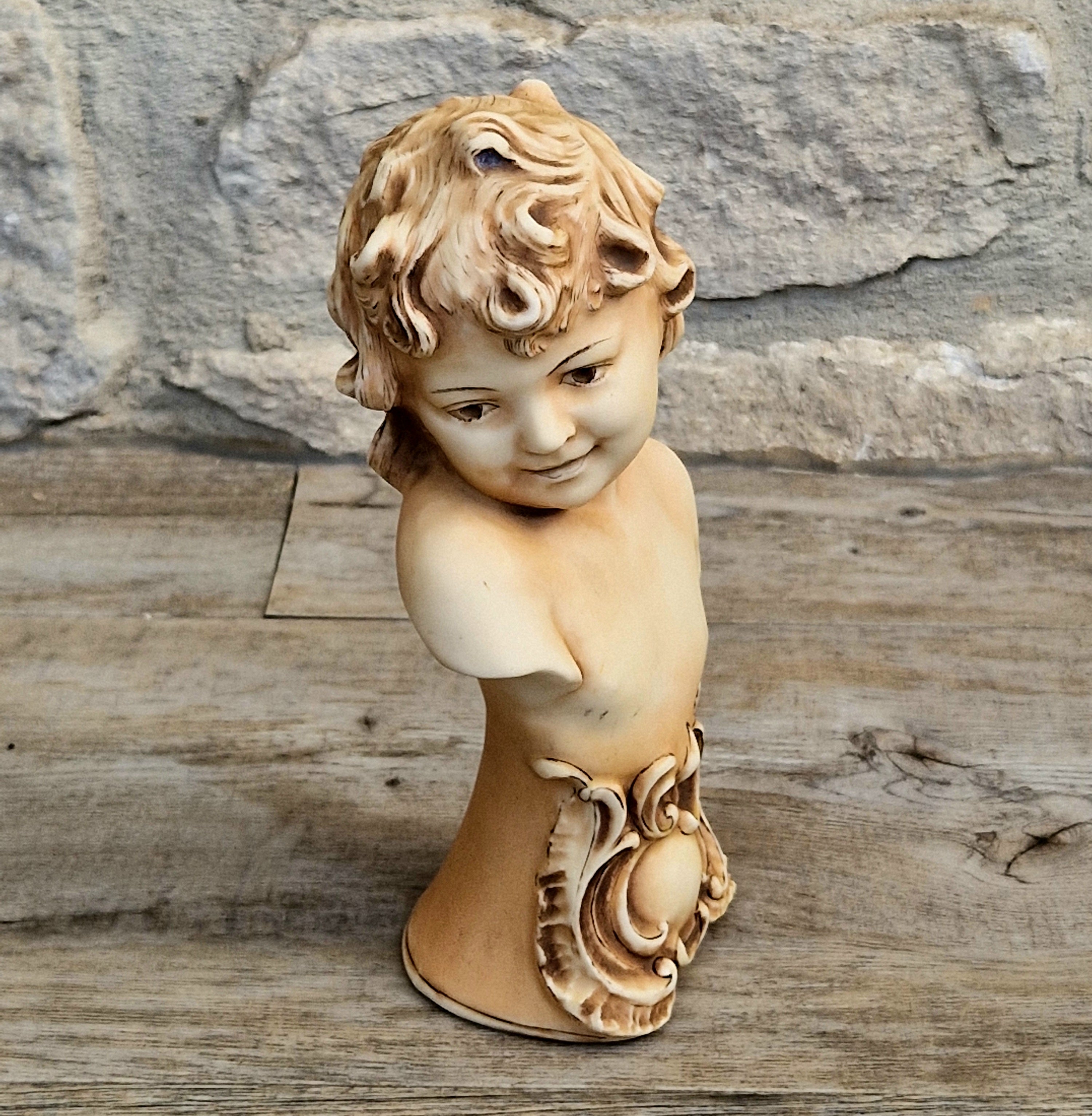 Antique NeoClassical Continental Patinated Bisque Porcelain Putti Child Bust Figure Ornament