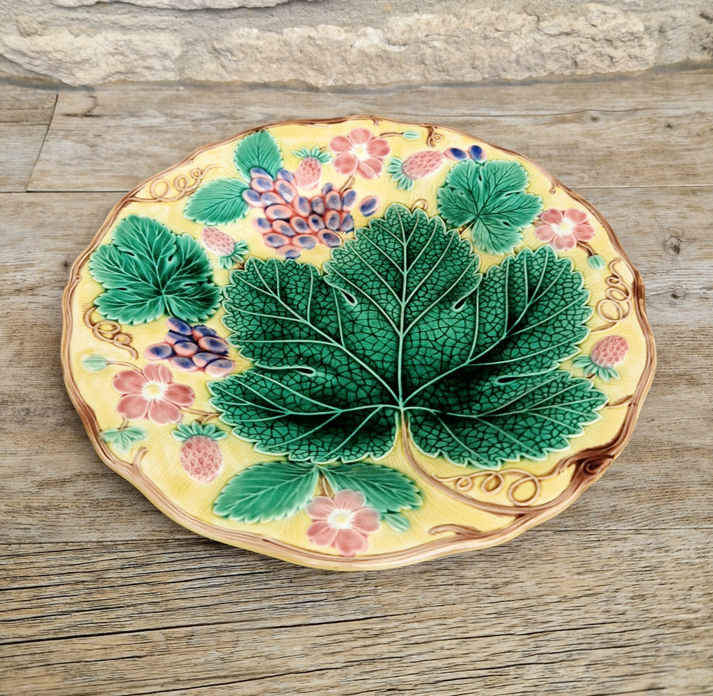 Rare Vintage Wedgwood Majolica Yellow Ground Strawberry Vine Plate 1930s English Pottery Exceptional Condition Grape Leaf & Berries