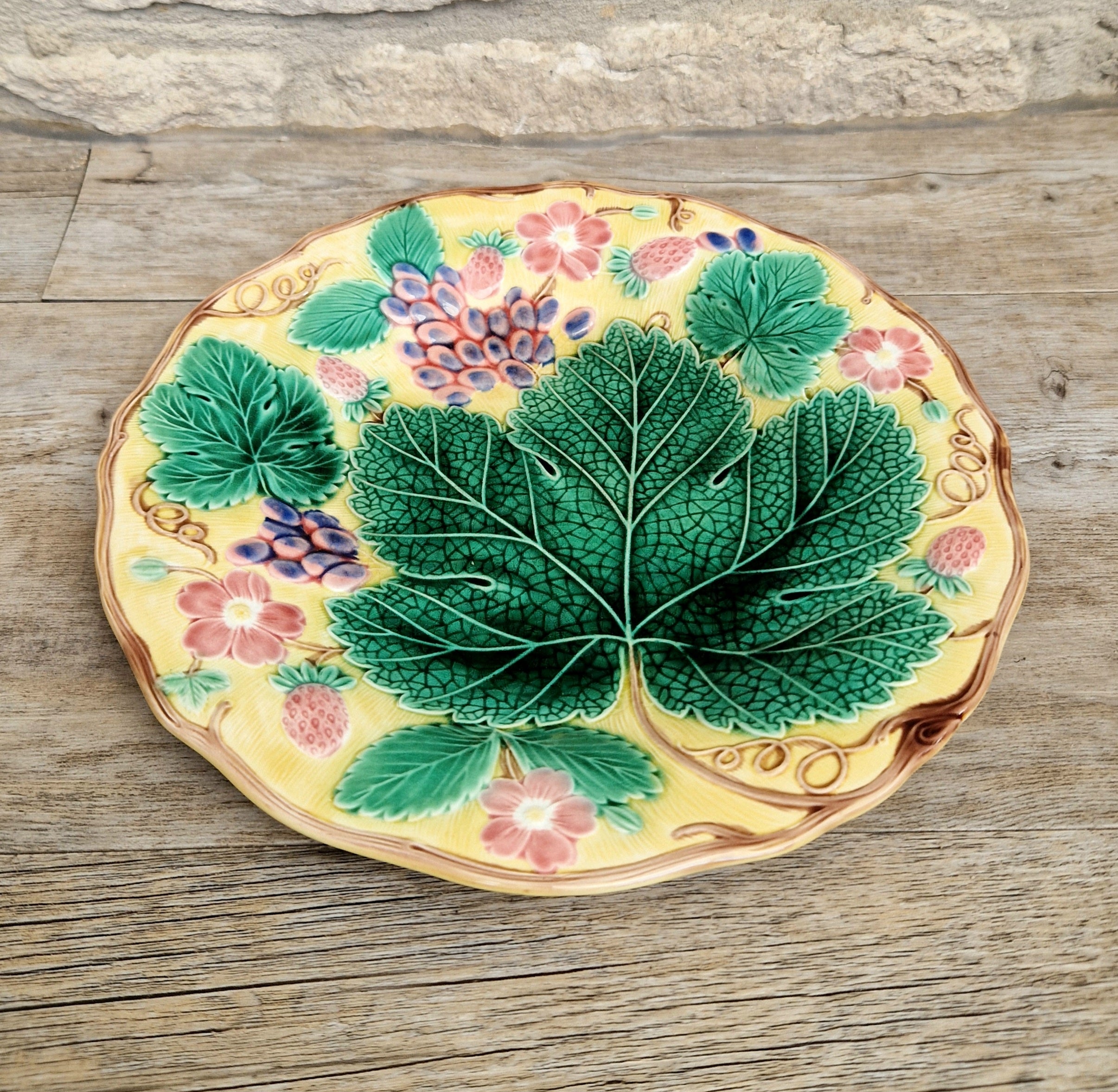 Rare Vintage Wedgwood Majolica Yellow Ground Strawberry Vine Plate 1930s English Pottery Exceptional Condition Grape Leaf & Berries