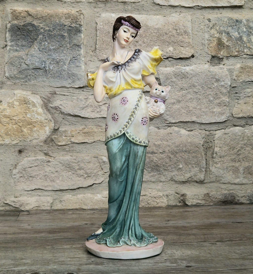 Vintage 14” Art Deco Style Resin Lady Figurine with Cat, Elegance Statue Angelica Collection, 1.46kg Heavy Mantle Sculpture 36cm