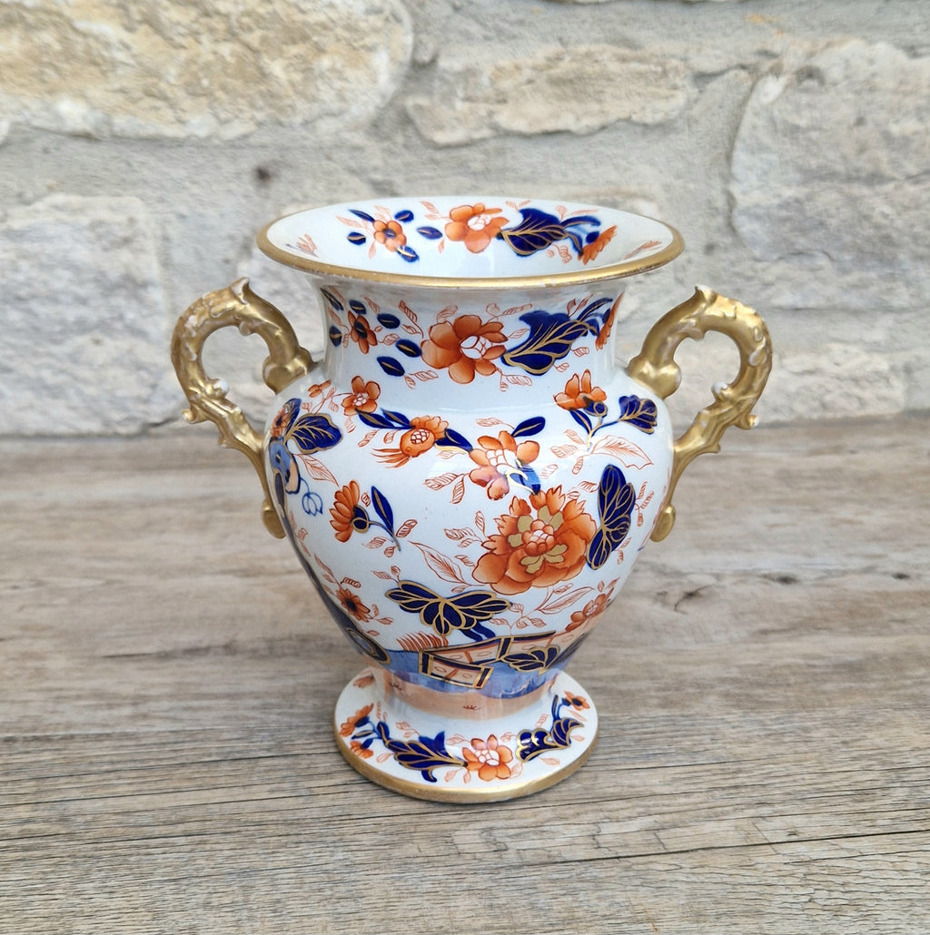 Early Mason's Ironstone China Vase Japan Fence Pattern, Gilt Handles 1820