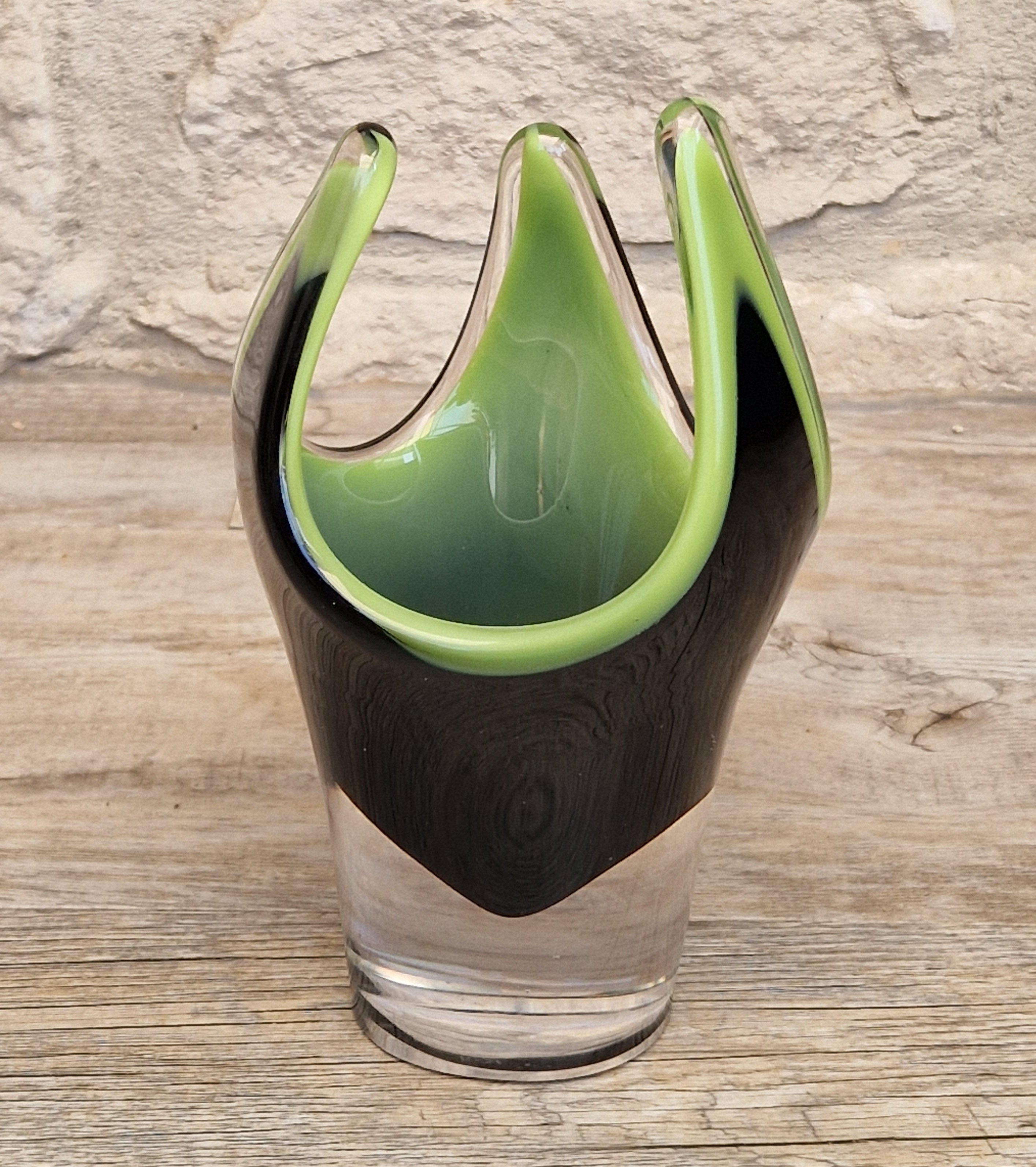 Reijmyre Harlequin Vase Black & Green Signed Paul Kedelv Art Glass, 1958