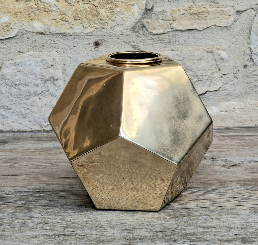 Antique Geometric Brass Dodecahedron Vase Secessionist Jugendstil Planter With Copper Removable Insert Liner