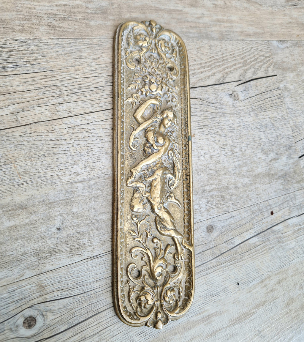 Cast Brass Art Nouveau Figural Relief Large Door Push Finger Plate Antique