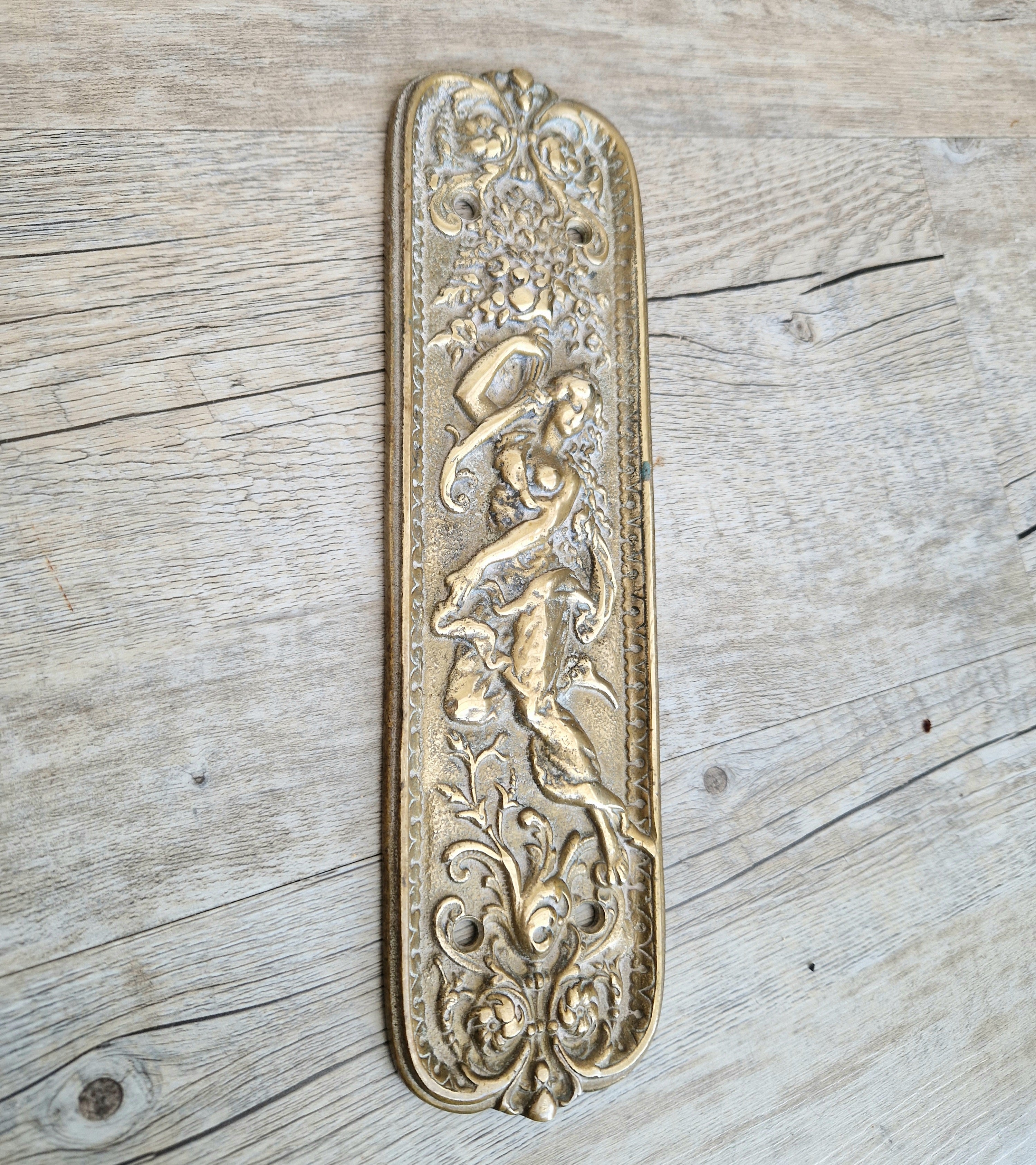 Cast Brass Art Nouveau Figural Relief Large Door Push Finger Plate Antique