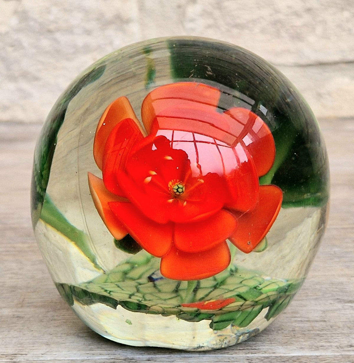 Vintage Giant Magnum Red Flower & Frogs Art Glass Sphere Ball Paperweight 9.5cm 1.4kg