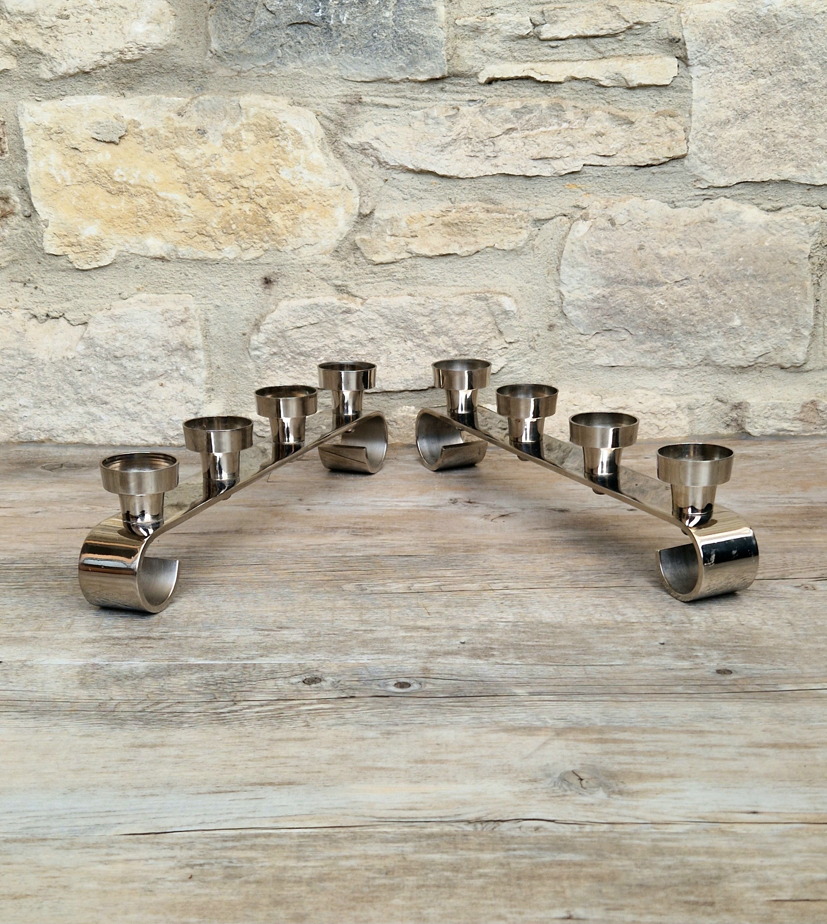 Pair MCM Futurist Chromed Stainless Steel Candle Holders Multi Candelabra Tealight Holders
