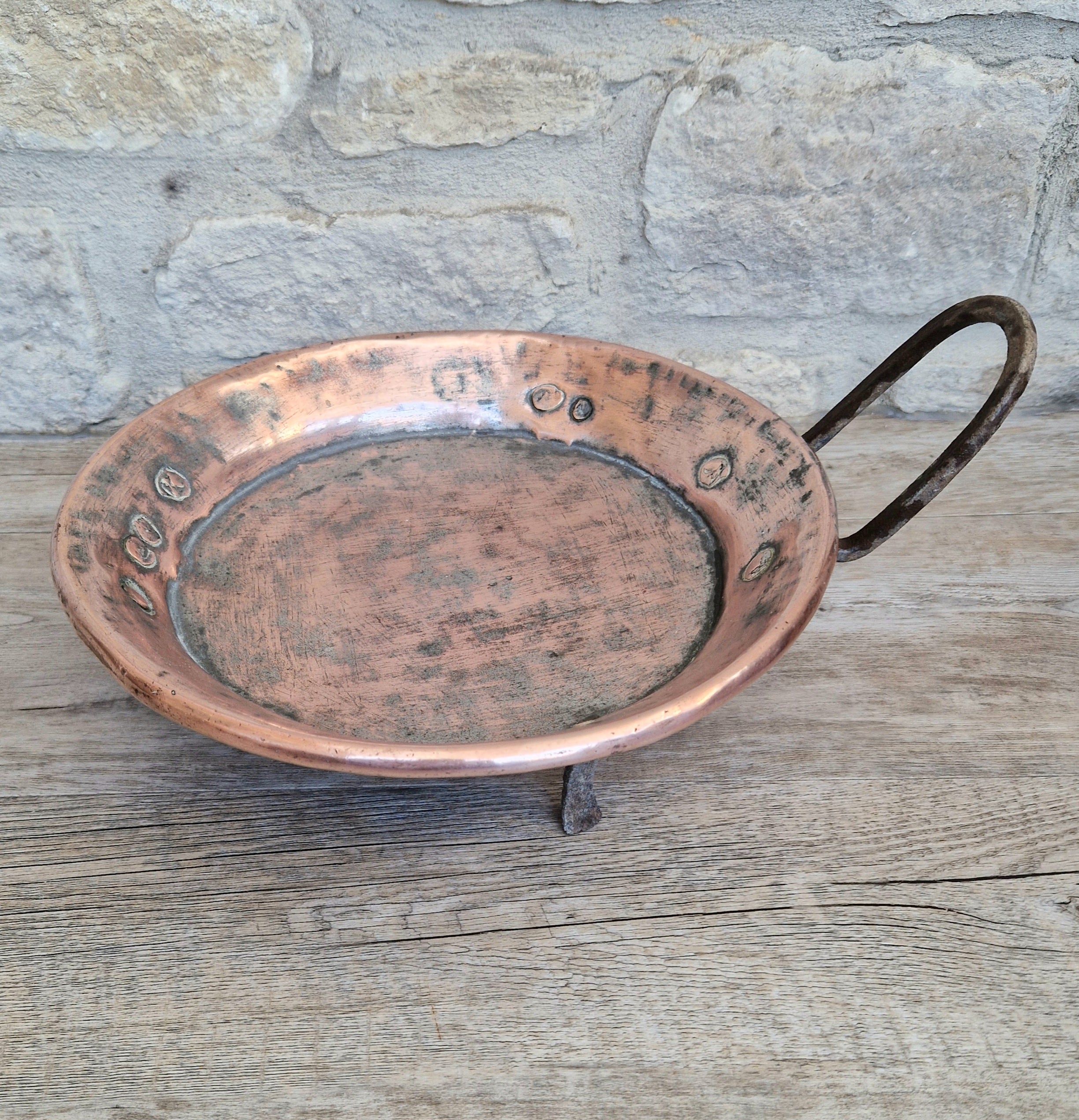 18th - 19th Century Copper & Iron Handle French Tripod Footed Tart Pan Rare Antique Kitchenalia