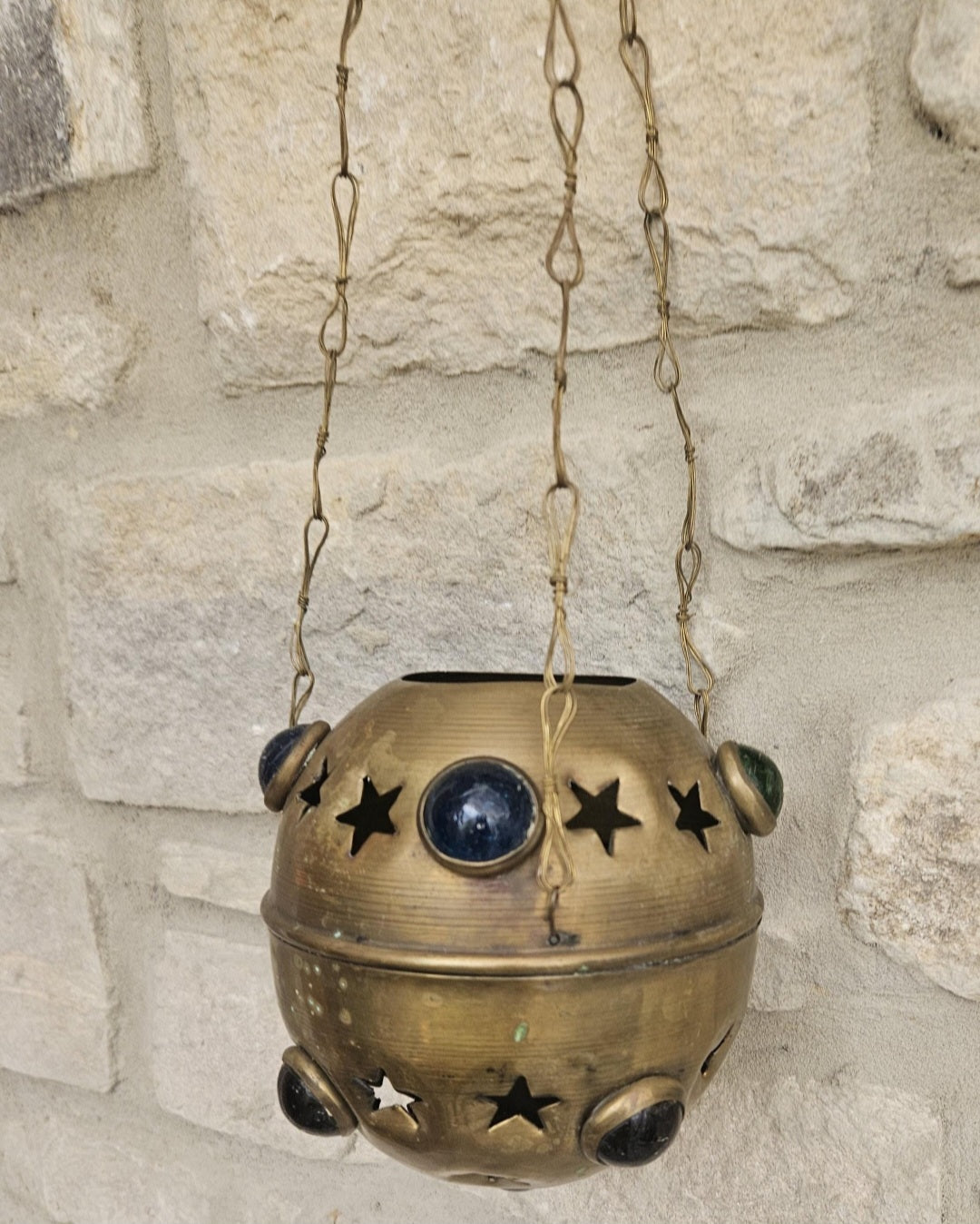 Vintage Pierced Brass Hanging Lantern with cabouchon verdigris Bohemian Moroccan