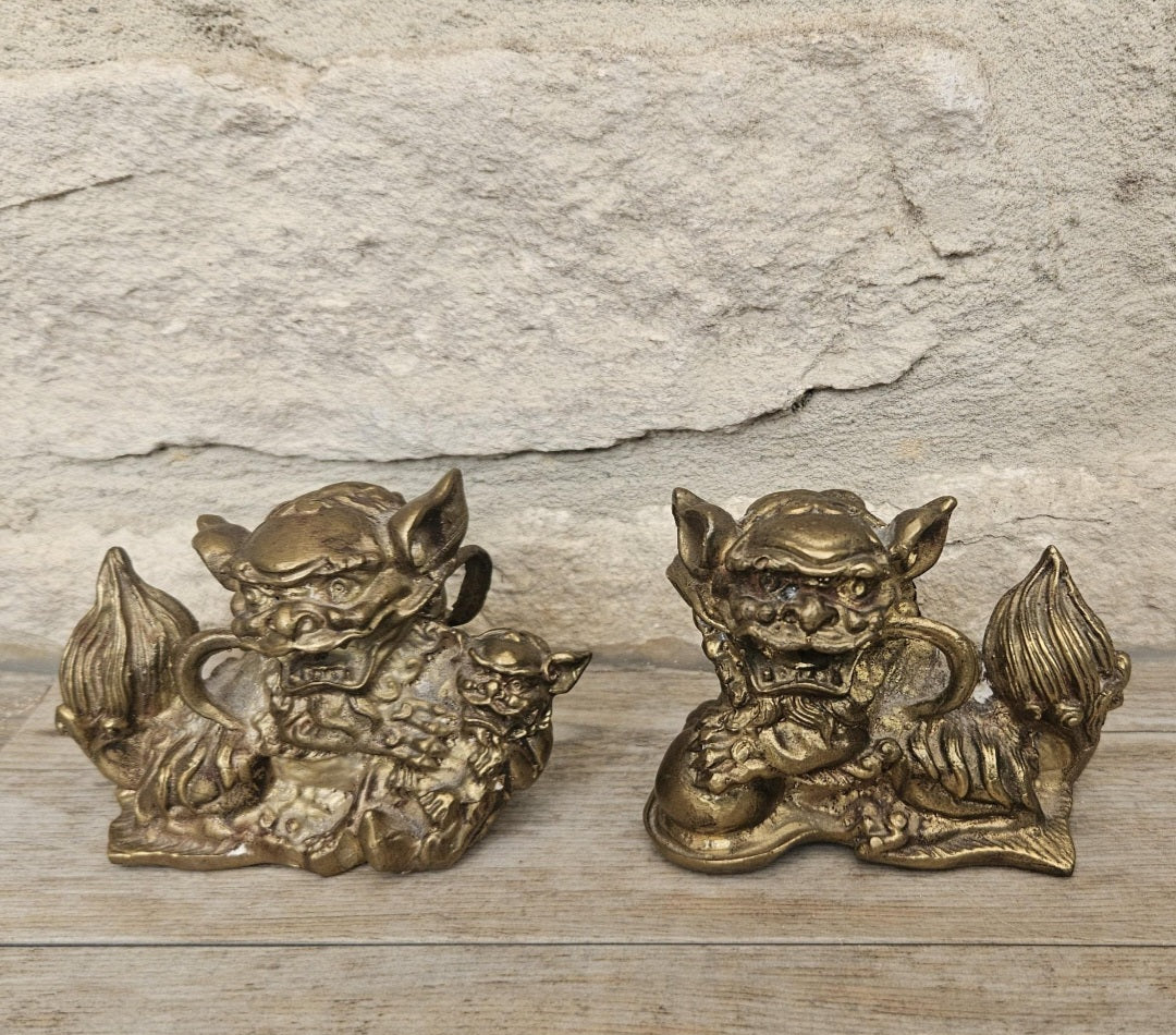 Vintage Small Chinese Pair Of Brass Male and Female Shi Shi Foo Dogs Figurines Statues
