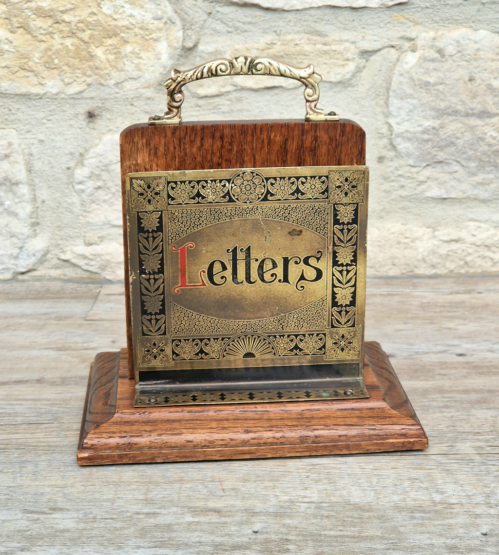 Antique Arts & Crafts Brass And Quarter Sawn Oak Gentleman's Handled Double Letter Rack Stand