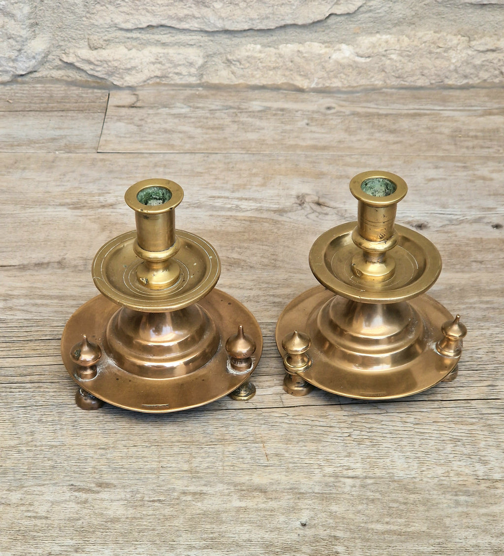 Pair of 19th Century Judin Signed Czarist Era Russian Bronzed Sabbath Bun Footed Capstan Candle Holders.