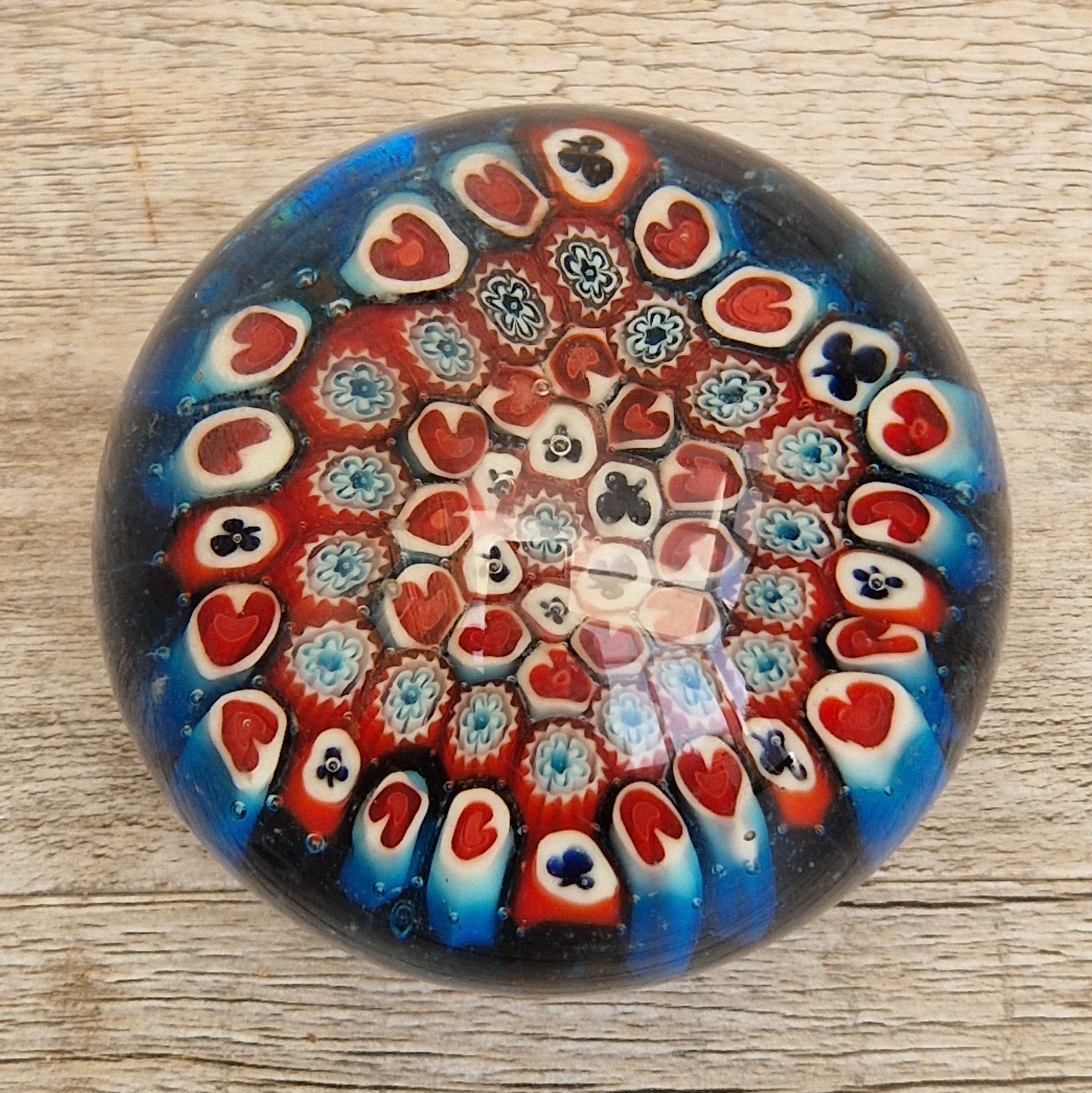 Vintage Murano Red and Blue Glass Hearts & Clubs Millifiore Round Paperweight