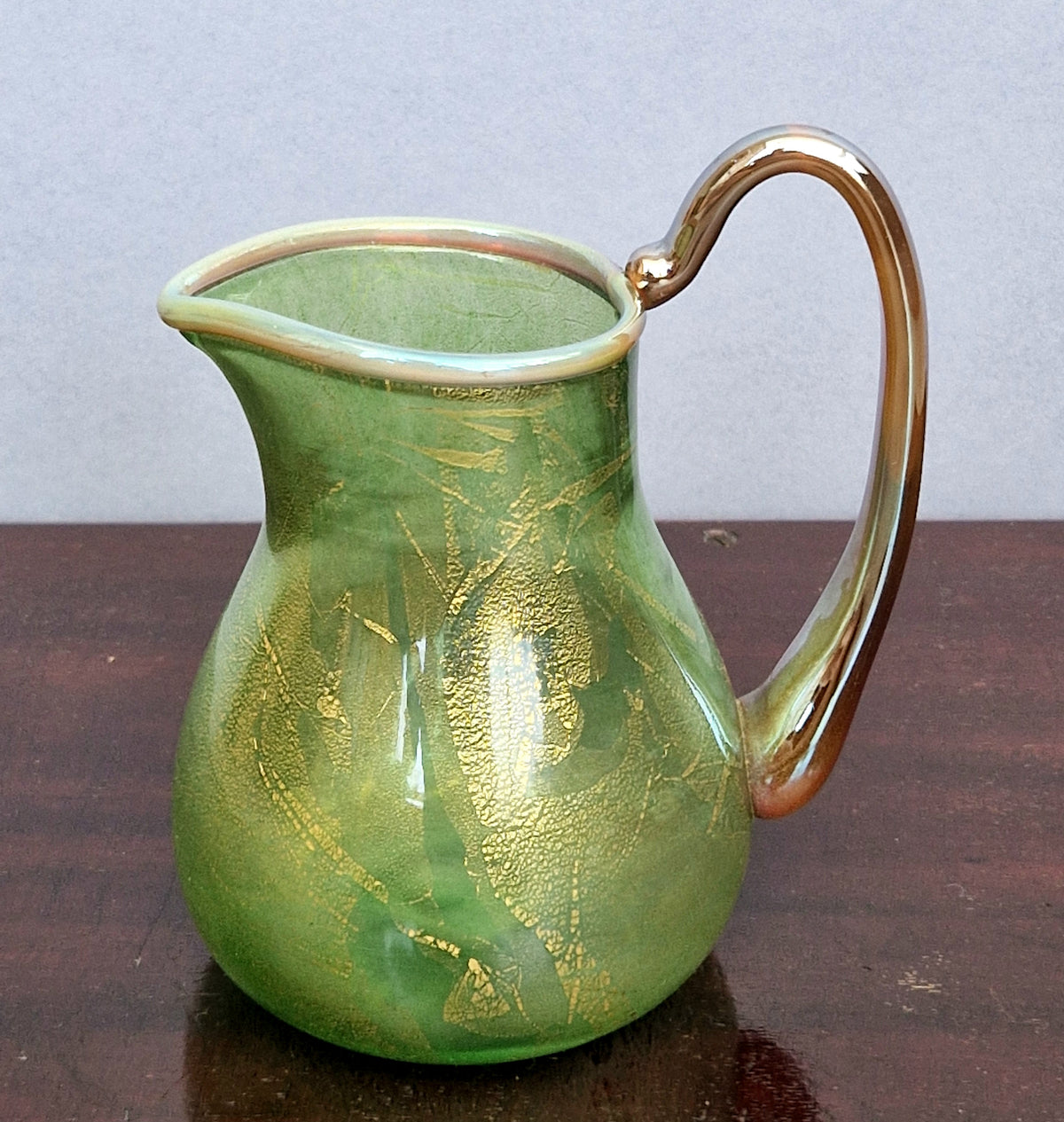 Antique Probable Salviati Dott. Murano Glass Jug, Green Gold Leaf, Venetian c.1875–1890, Handblown 13.5cm Rare