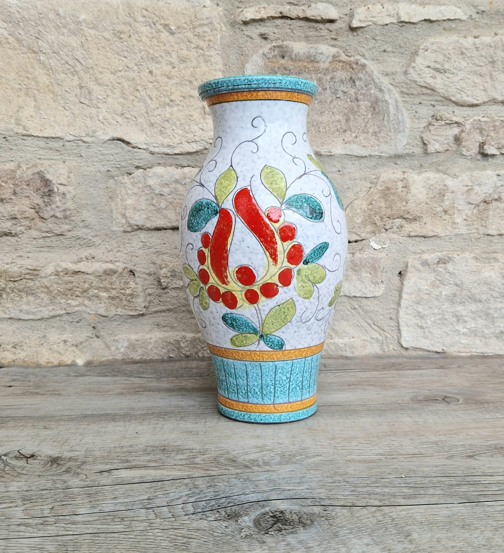 Vintage Large Italian Ceramic Floral Majolica Vase Sgraffito Technique Fratelli Fanciullacci 26cm Tall