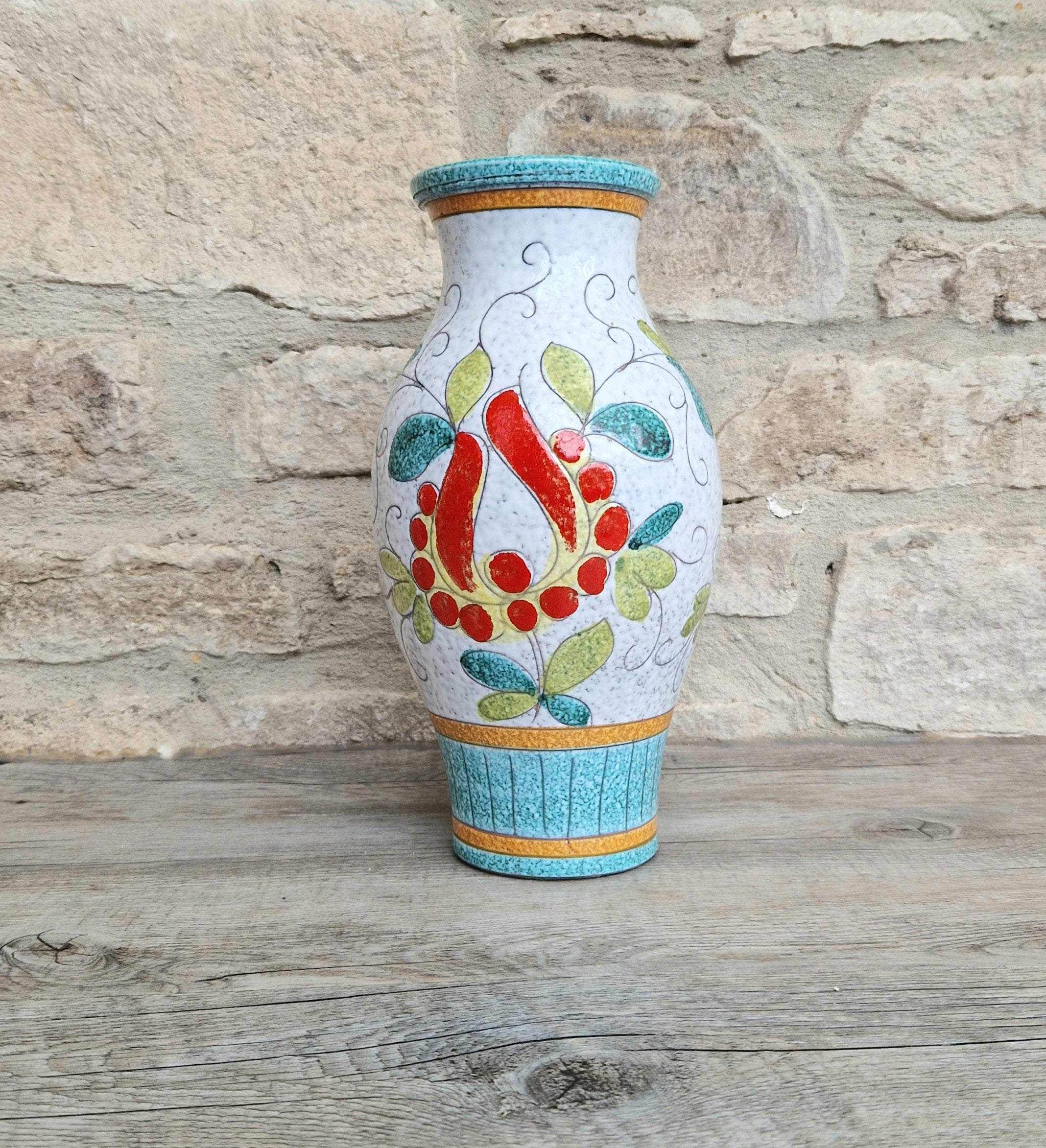 Vintage Large Italian Ceramic Floral Majolica Vase Sgraffito Technique Fratelli Fanciullacci 26cm Tall