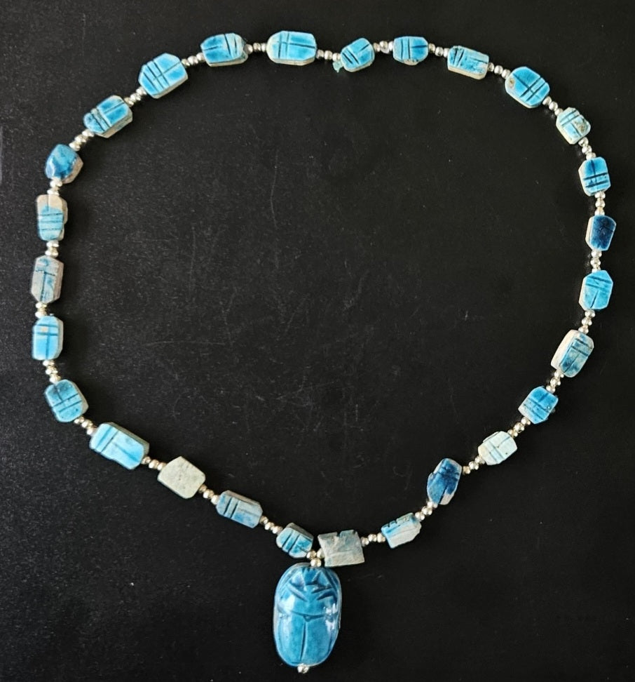 Vintage Turquoise Scarab Necklace Egyptian Revival Beaded with Pendant