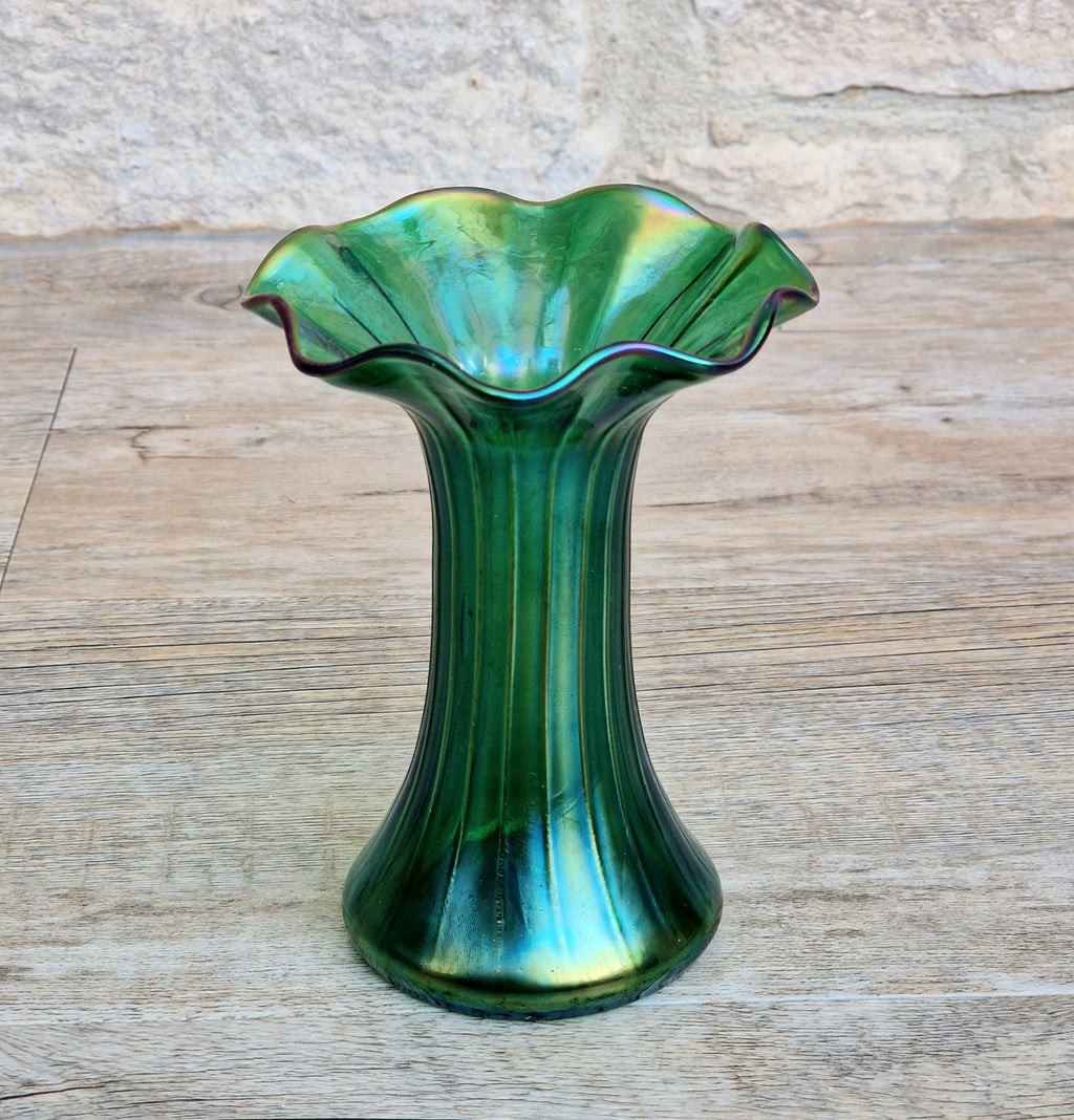 Antique Loetz Art Nouveau Creta Glatt Iridescent Green Glass Fluted Vase Polished Pontil c1900